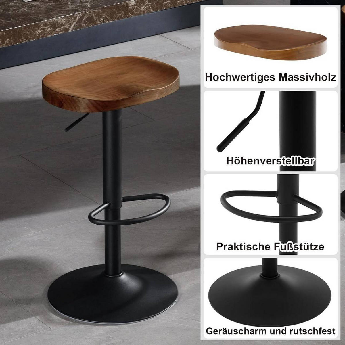 BARHOCKER 4er Set mit Sattelsitz, aus Massivholz, Braun - Schwarz/Braun, Holz/Metall (41.5/60/31.5cm) - Woltu