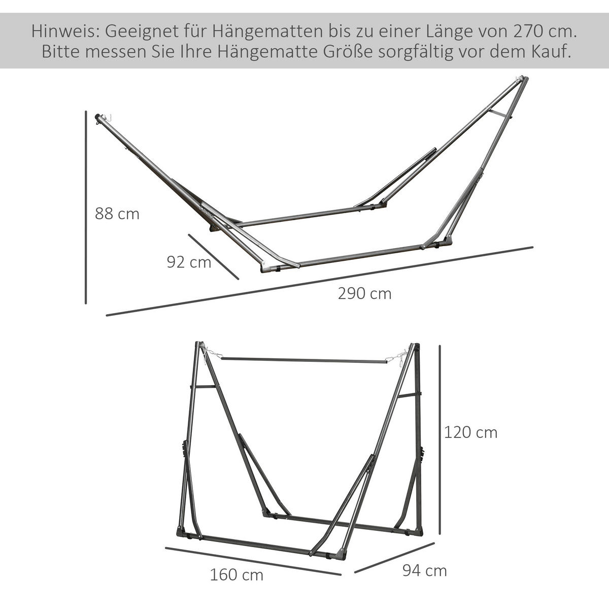 HÄNGEMATTENSTÄNDER DE-07019 2-in-1, auch als Wäscheständer nutzbar Schwarz - Silberfarben/Schwarz, Metall (92/290/88cm) - ComfortXL