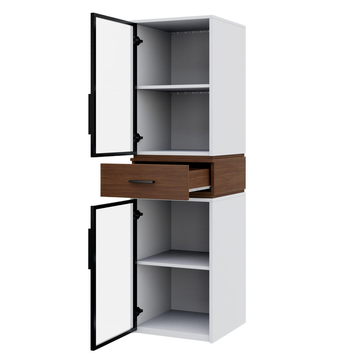 VITRÍNA z MDF 40x40x200 cm bílá s LED osvětlením, tvrzeným sklem a zásuvkou v dekoru ořechu - bílá, kompozitní dřevo (40/200/40cm) - Modfu
