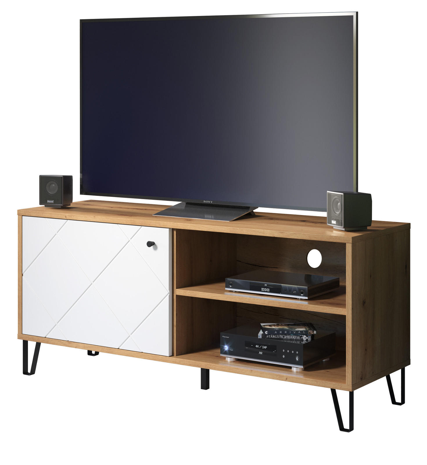 TV-LOWBOARD weiß matt, Eiche Artisan 123 cm,TV-Unterteil mit moderner Rautenoptik - Eichefarben/Schwarz, Holzwerkstoff/Kunststoff (123/56/40cm) - Top.Furn