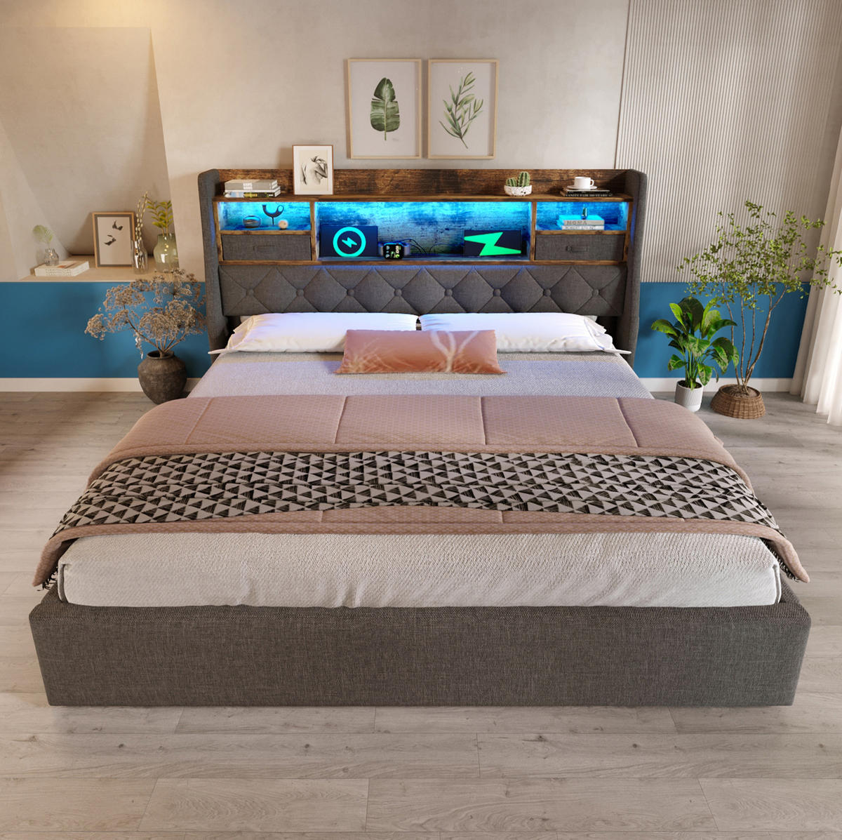 POLSTERBETT 160/200 cm Grau mit Hydraulischem Stauraum und LED-Kopfteil mit Matratze - Grau, Textil (160/200cm) - OKWISH