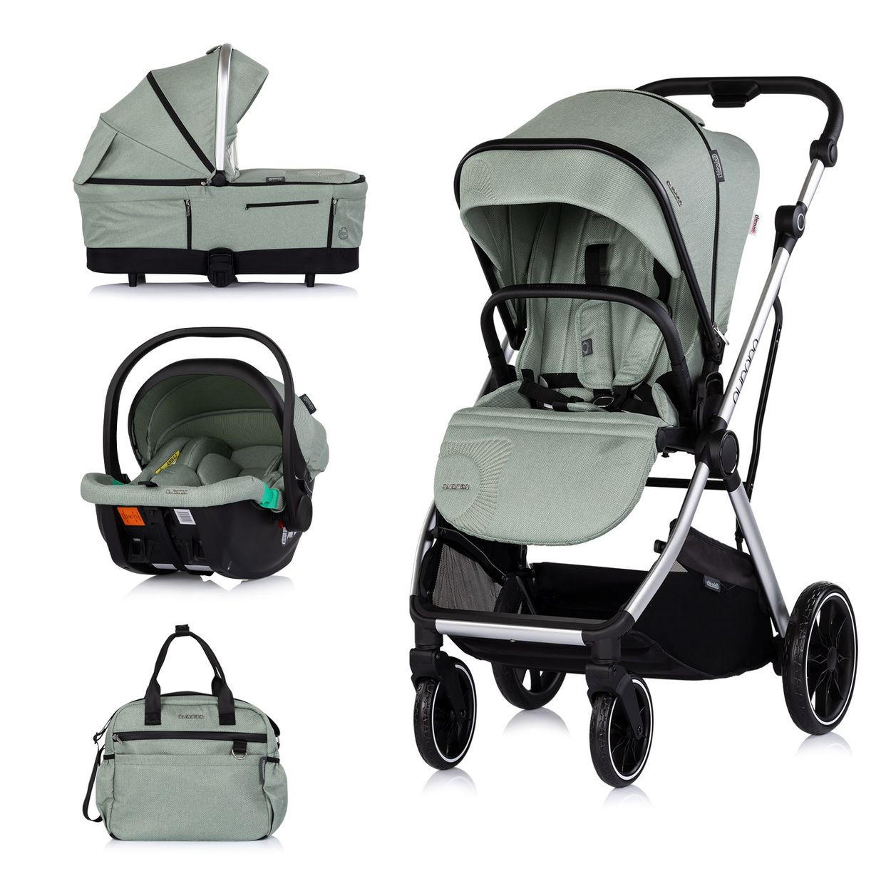 KOMBIKINDERWAGEN Aurora 3 in 1 grün EVA-Material, Aluminium, 3-Punkt-Gurt, Babywanne, Babyschale - Grün, Metall (84/57/112cm) - Chipolino