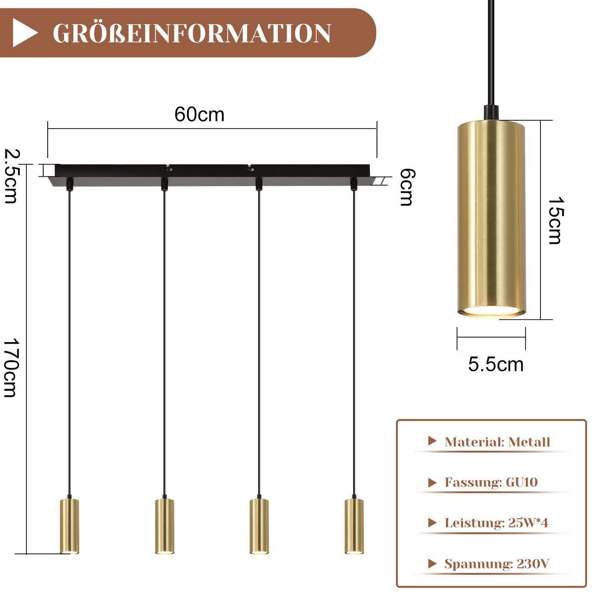 HÄNGELEUCHTE Glück 60/6/170 cm - Goldfarben, Metall (60/6/170cm) - Nettlife