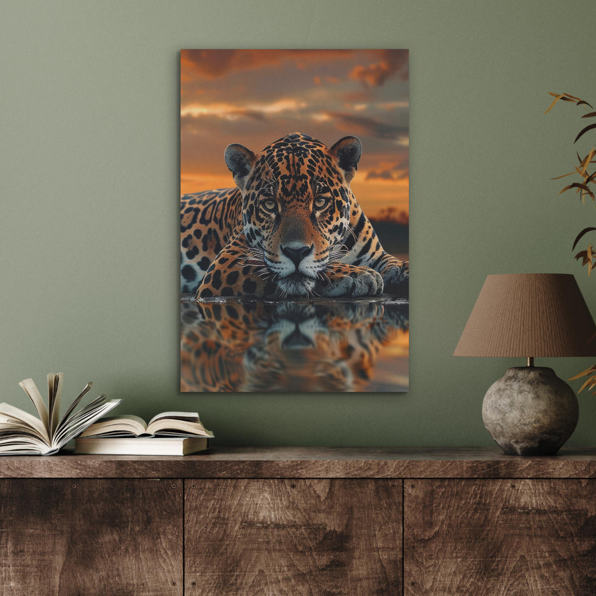 AKUSTIKBILD Natur - Leopard - Tier - Sonnenuntergang - Modern Kunstdruck Schlafzimmer 50x70 cm - Orange, Kunststoff (50/70/0.9cm) - MuchoWow