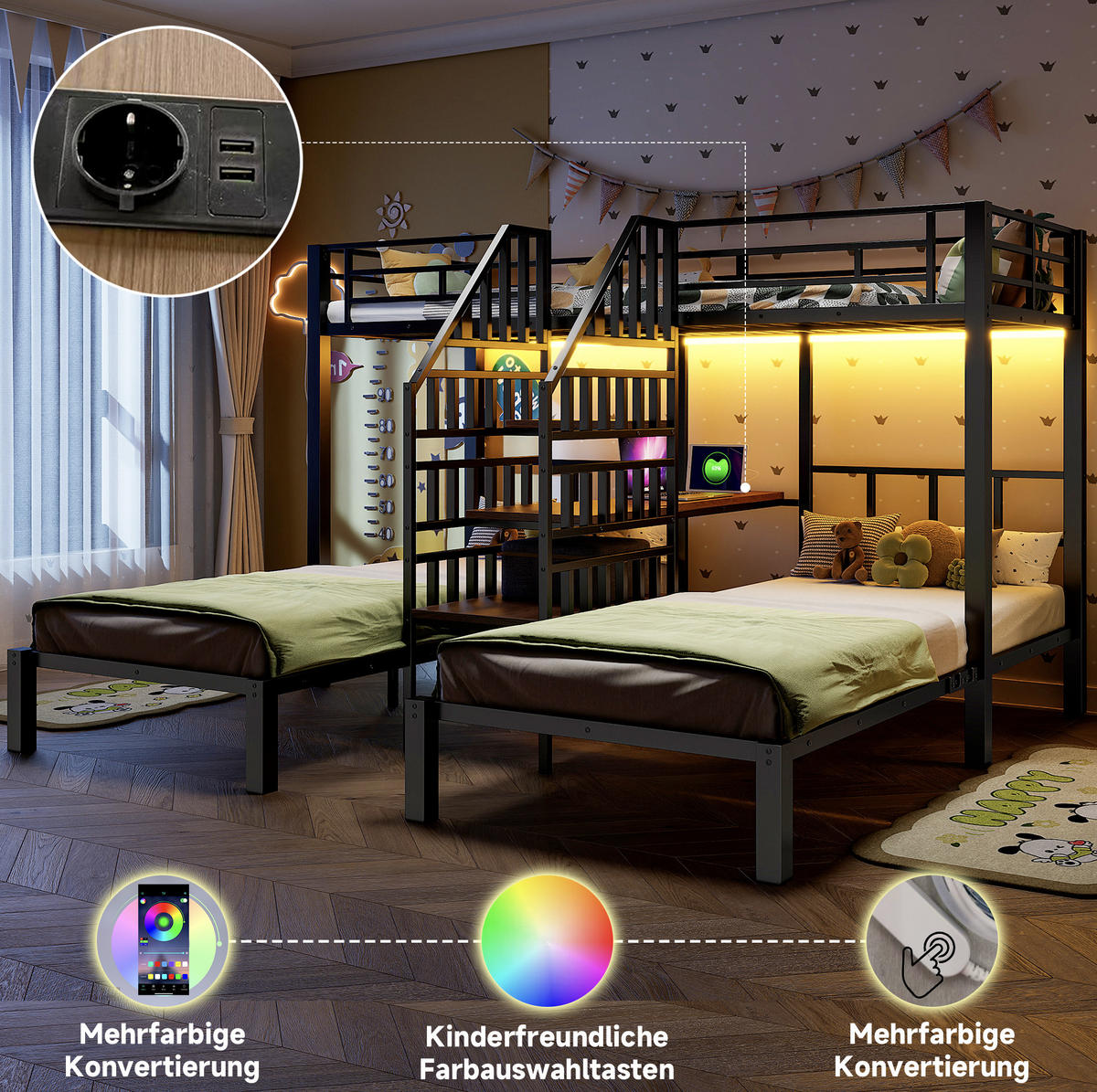 ETAGENBETT 90/200 cm in Schwarz mit LED-Beleuchtung, Schreibtisch und Stauraum - Schwarz, Metall (90/200cm) - OKMYHOME