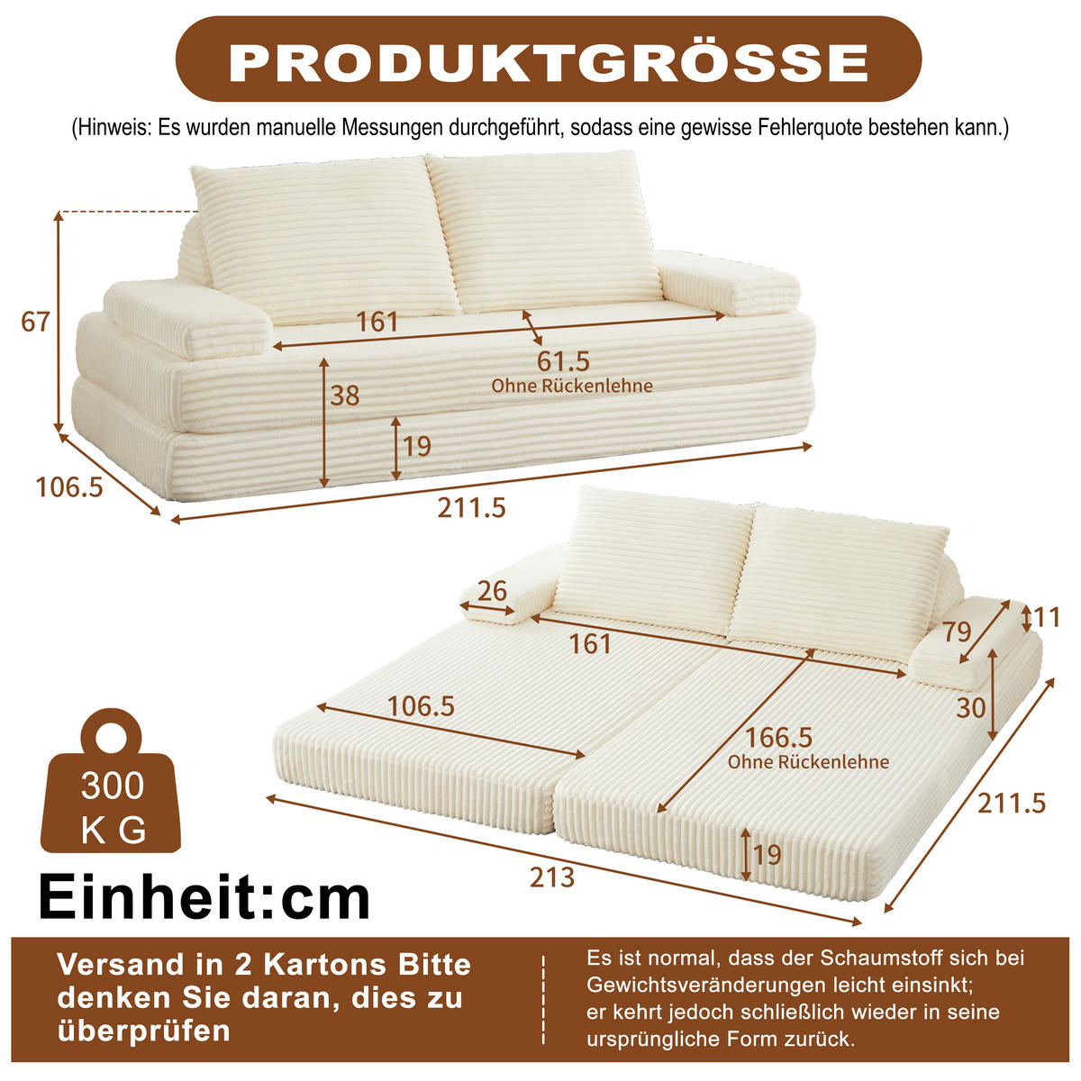 SCHLAFSOFA 211 cm frei kombinierbar mit dreieckigen Rückenlehnen, DE-42722, Grau - Beige, Textil (211.5/62/106.5cm) - ComfortXL