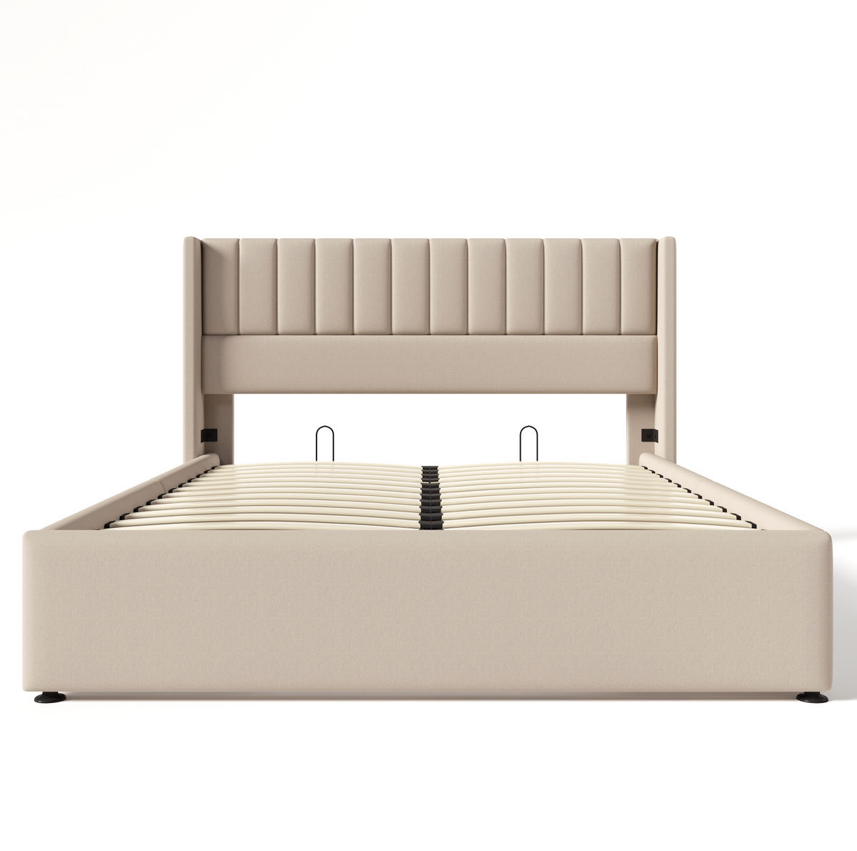 POLSTERBETT aus Leinen 160x200 cm Beige mit Bettkasten und hydraulischem Lattenrost - Beige, Textil (160/200cm) - IVMEU