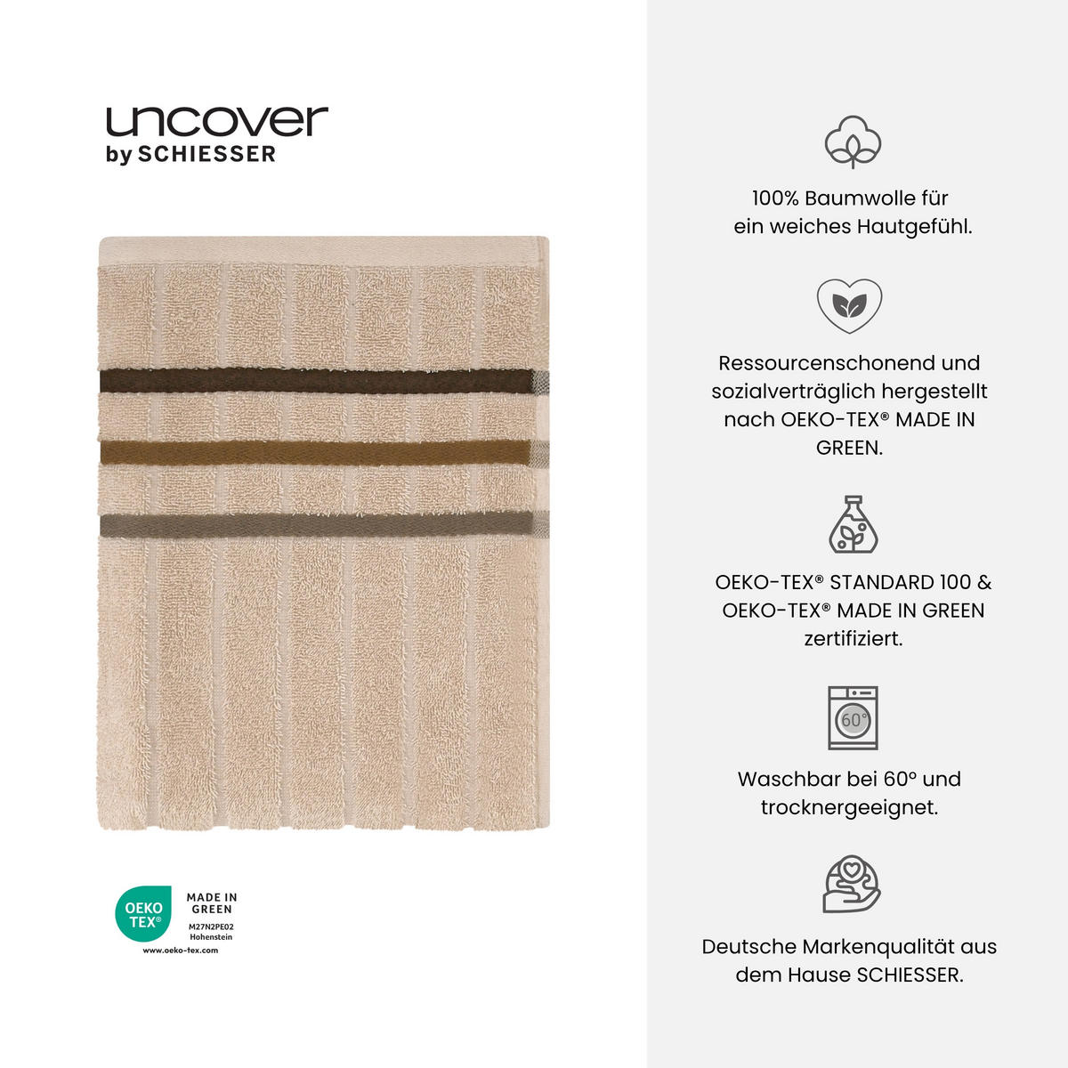 DUSCHTUCHSET Ohio - 2-teilig - 70 x 140 cm - Sand - Sandfarben, Textil (70/140cm) - Uncover by Schiesser