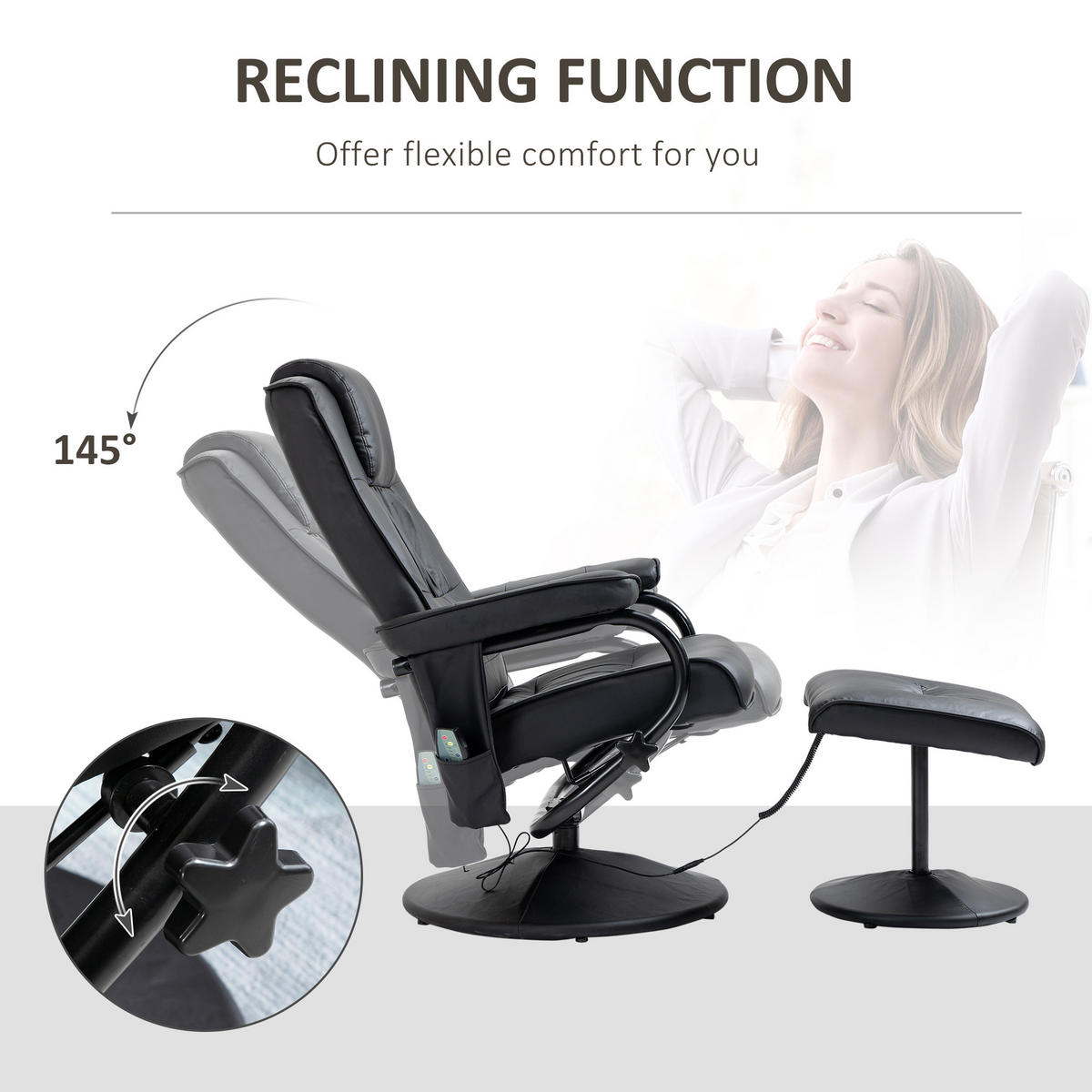 MASSAGESESSEL mit Hocker, Relaxsessel mit Liegefunktion, Massagefunktion Schwarz - Schwarz, Leder/Kunststoff (84/95/77cm) - HOMCOM