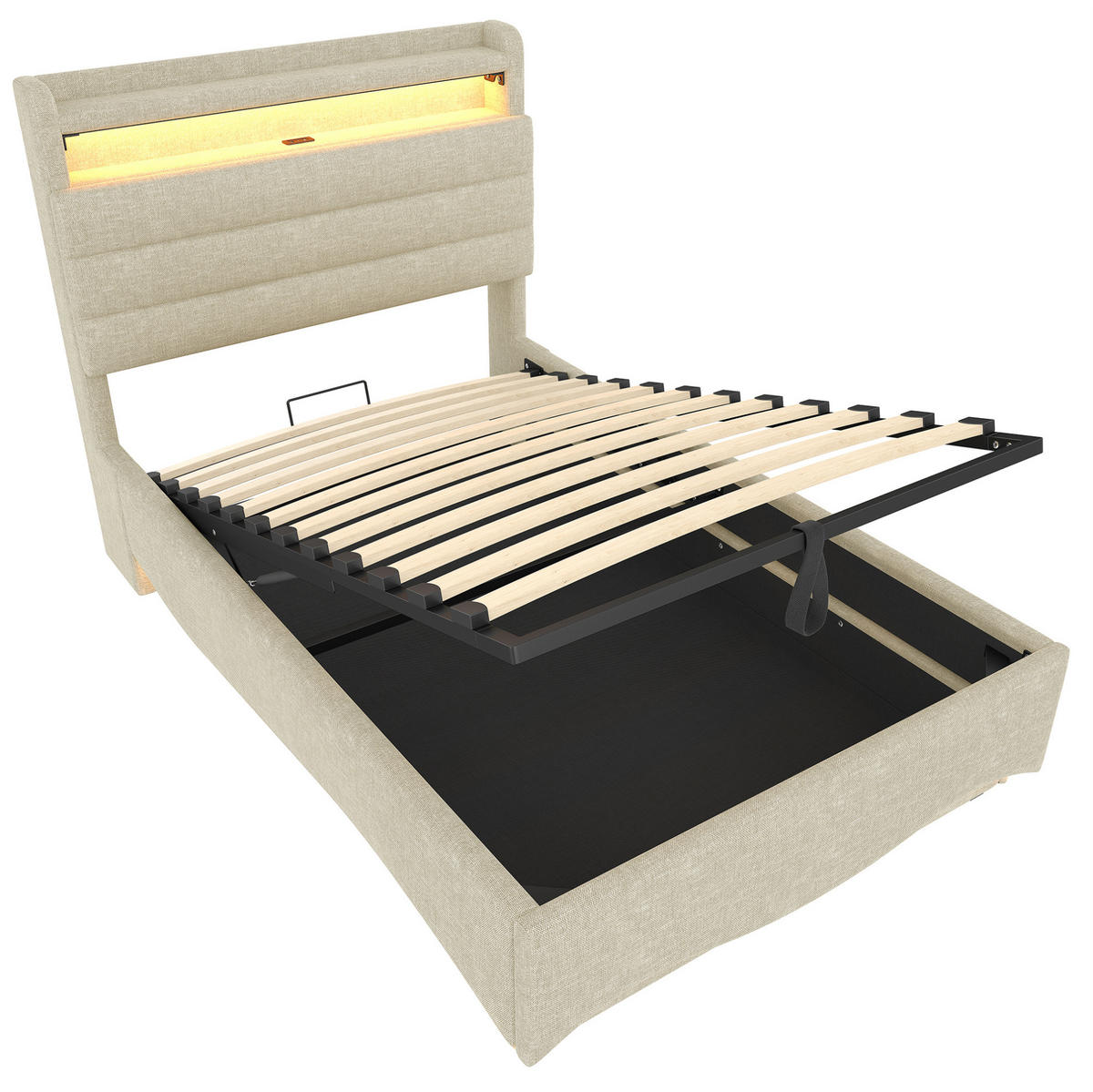 POLSTERBETT 90/200 cm Beige aus Leinen mit Stauraum, LED und USB- und Type-C-Anschlüssen - Beige, Textil (90/200cm) - Flora Grace
