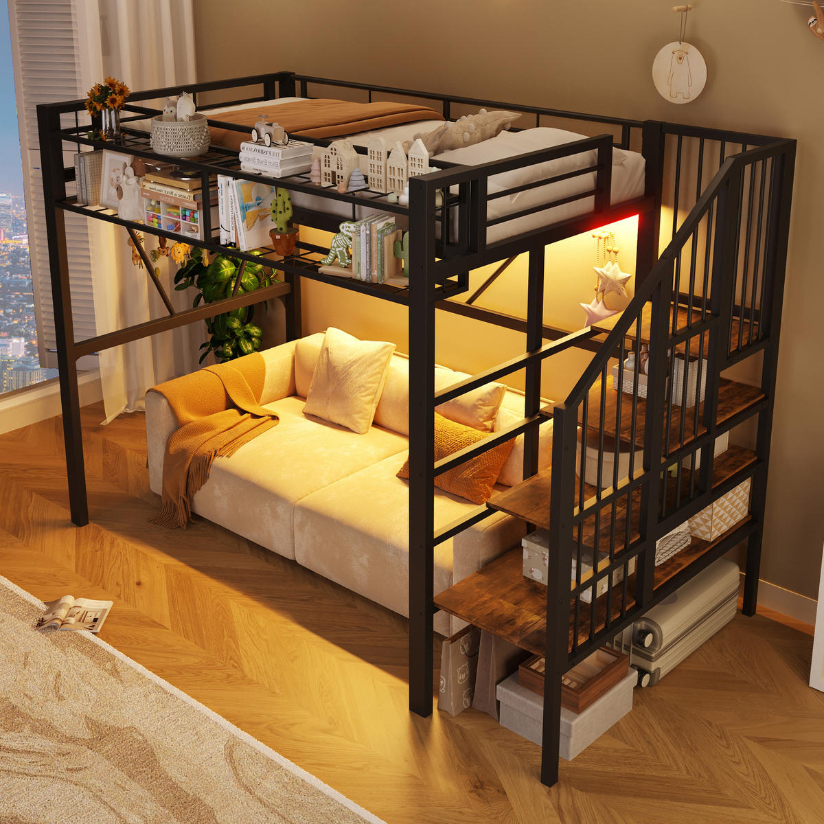 HOCHBETT 90/200 cm in Schwarz mit Stufenregal, Gitterelementen, Stauraum und LED aus Metall und MDF - Schwarz, Metall - STILVORA