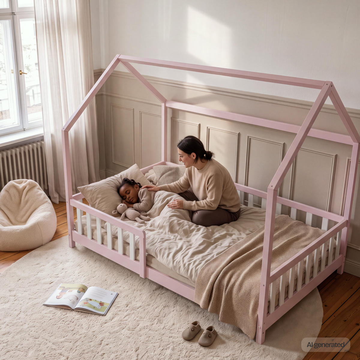 HAUSBETT Hesel - Rosa/Weiß, Holz (140/200cm) - [en.casa]