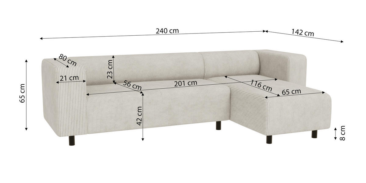 ECKSOFA Tove Beige Cord - Ottomane rechts - Beige/Schwarz, Holz/Kunststoff (240/142cm) - S-Style Möbel