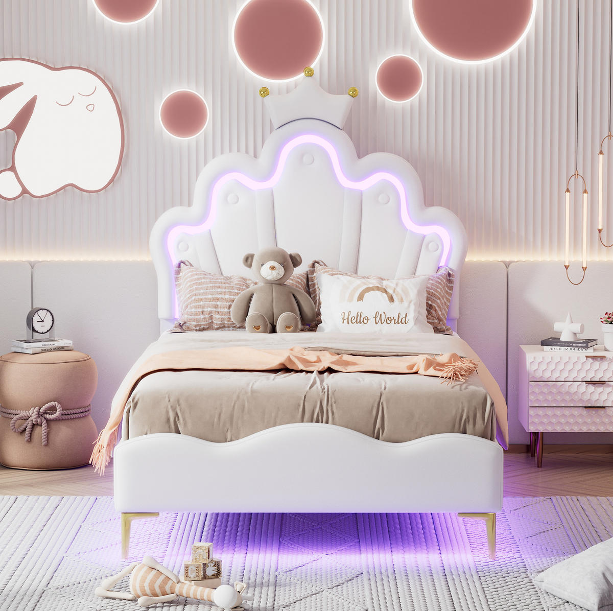 KINDERBETT 90/200 cm in Weiß aus PU mit LED-Beleuchtung und Kronen-Design - Weiß, Kunststoff (90/200cm) - Flora Grace