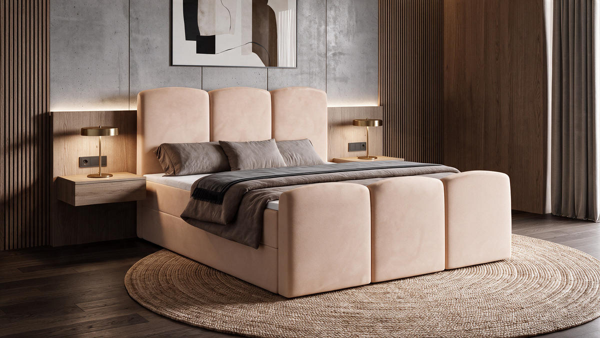 BOXBETT SAVIO 180x200 cm mit Bettkasten, Bonell-Matratze H3 und Topper – Samt Altrosa - Altrosa, Textil (180/200cm) - Luxkor24