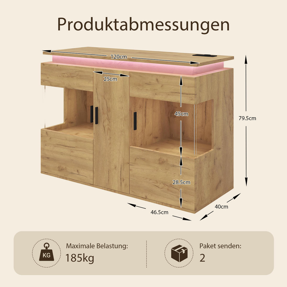 SIDEBOARD mit LED/USB-C Ladestation, Glastüren, 120x40x79,5 cm - Eichefarben/Schwarz, Holz (120/79.5/40cm) - LVHOM