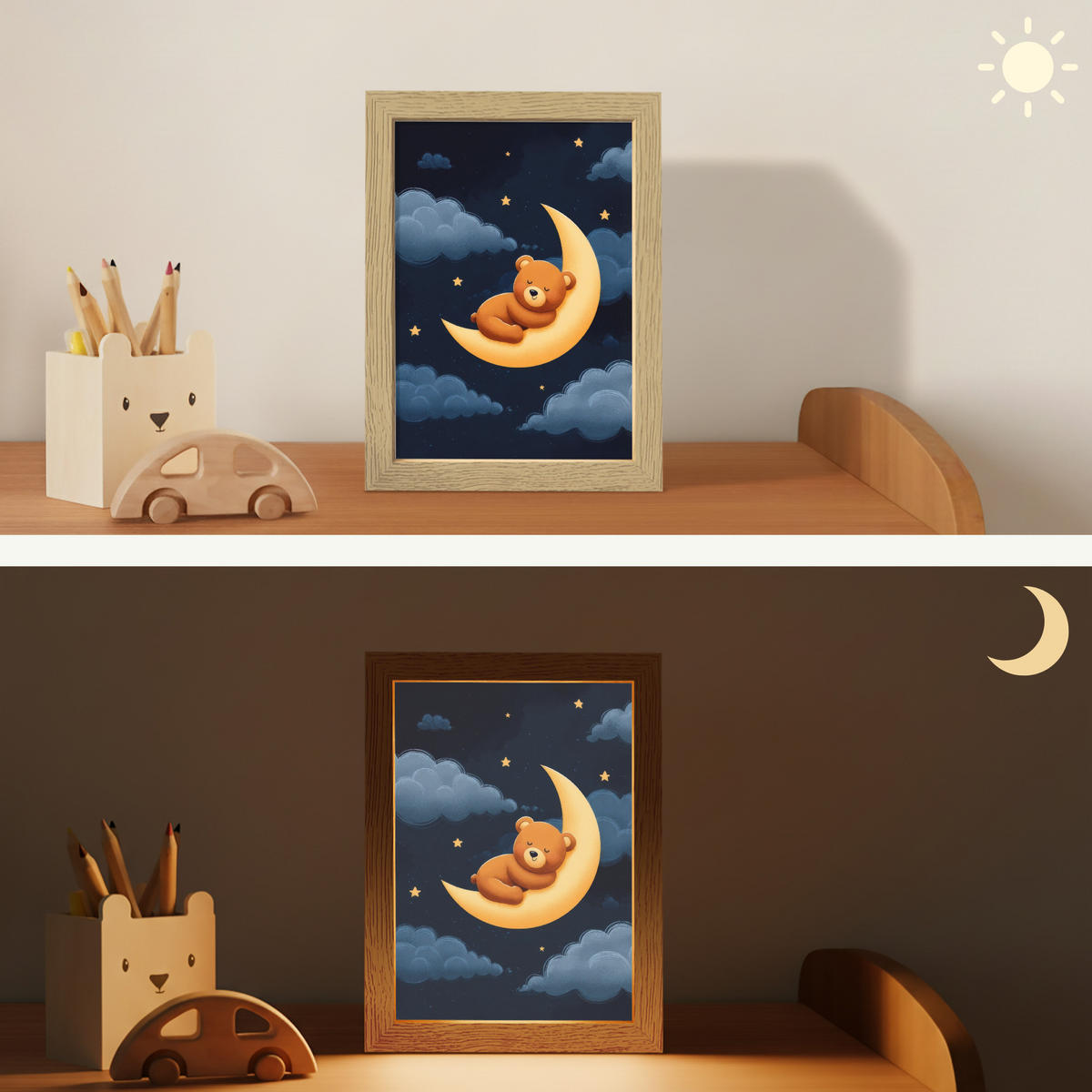 NACHTTISCHLAMPE Teddybär - Mond - Wolken - Sterne 15x20 cm - Dunkelblau, Holzwerkstoff (8/15/20cm)