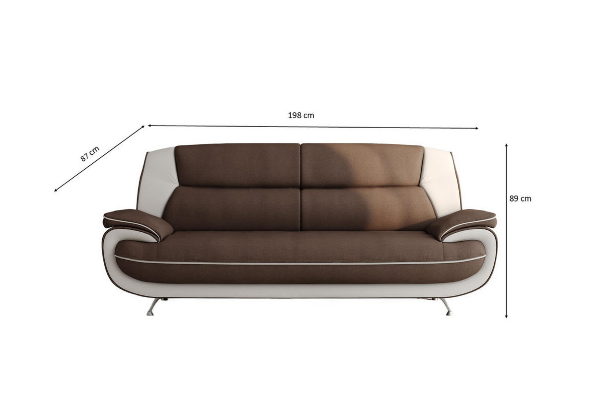 SOFA 3-Sitzer, Stoff Kronos, Braun + Weiß, Palermo - Braun, Holz (198/89/87cm) - Kaiser Möbel