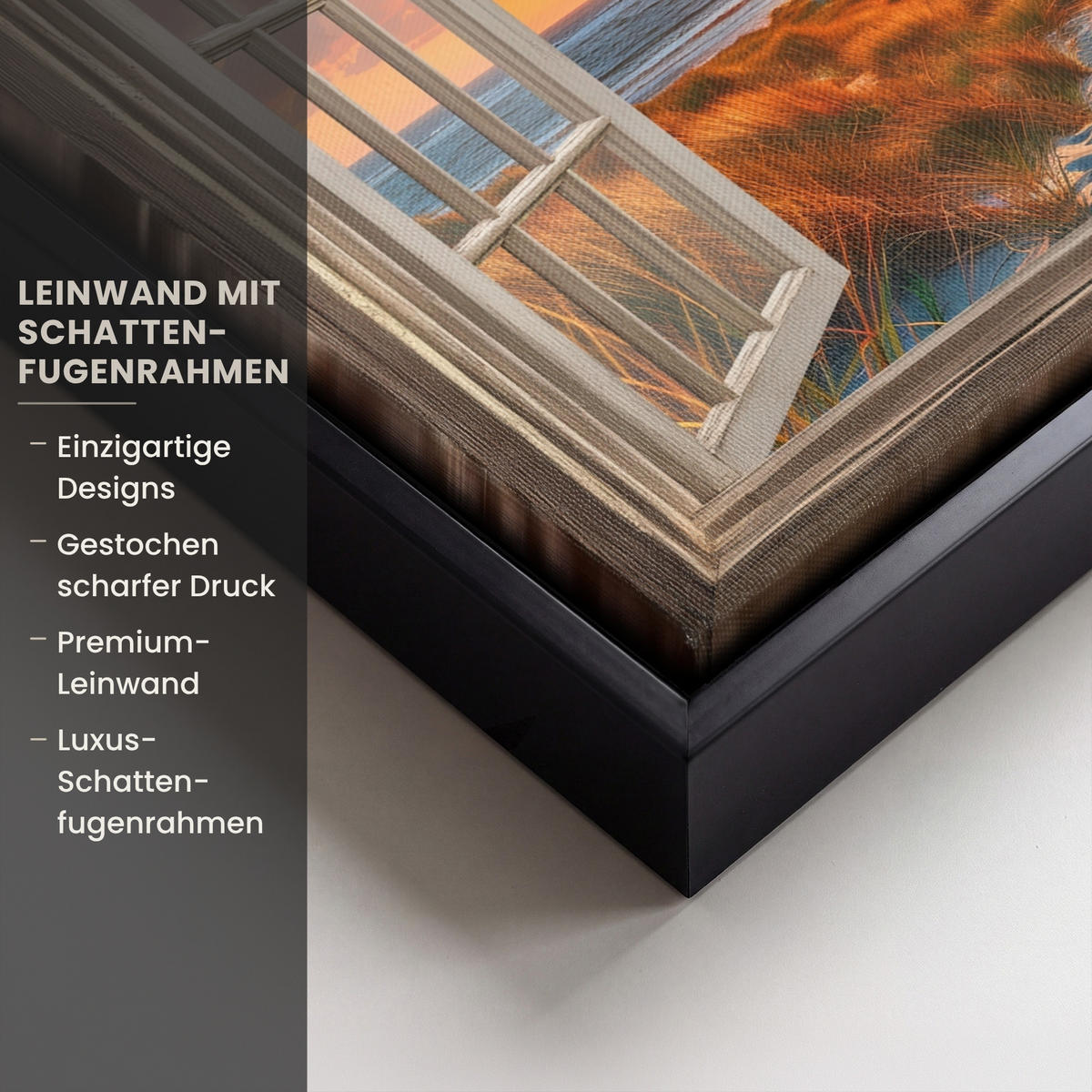 LEINWAND Bilder mit Rahmen - Aussicht - Fenster - Leuchtturm - Sonnenuntergang - Strand - 30x20 - Dunkelorange, Textil (30/20cm) - MuchoWow