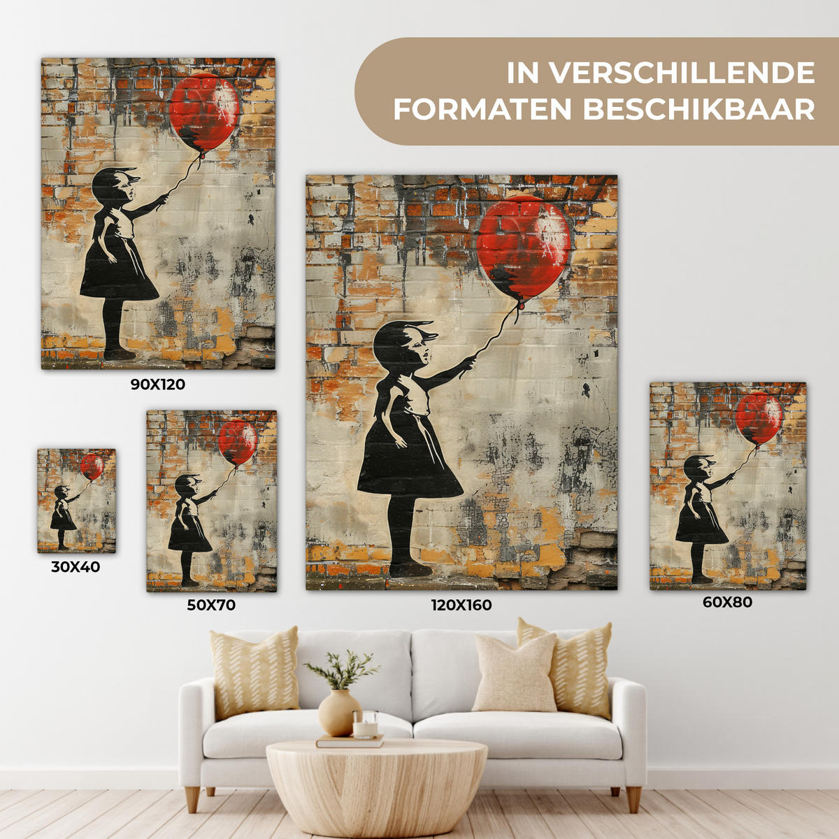 LEINWANDBILD Graffiti - Banksy - Mädchen - Straßenkunst Wandbild Wohnzimmer 60x80 cm - Sandfarben, Textil (60/80cm) - MuchoWow