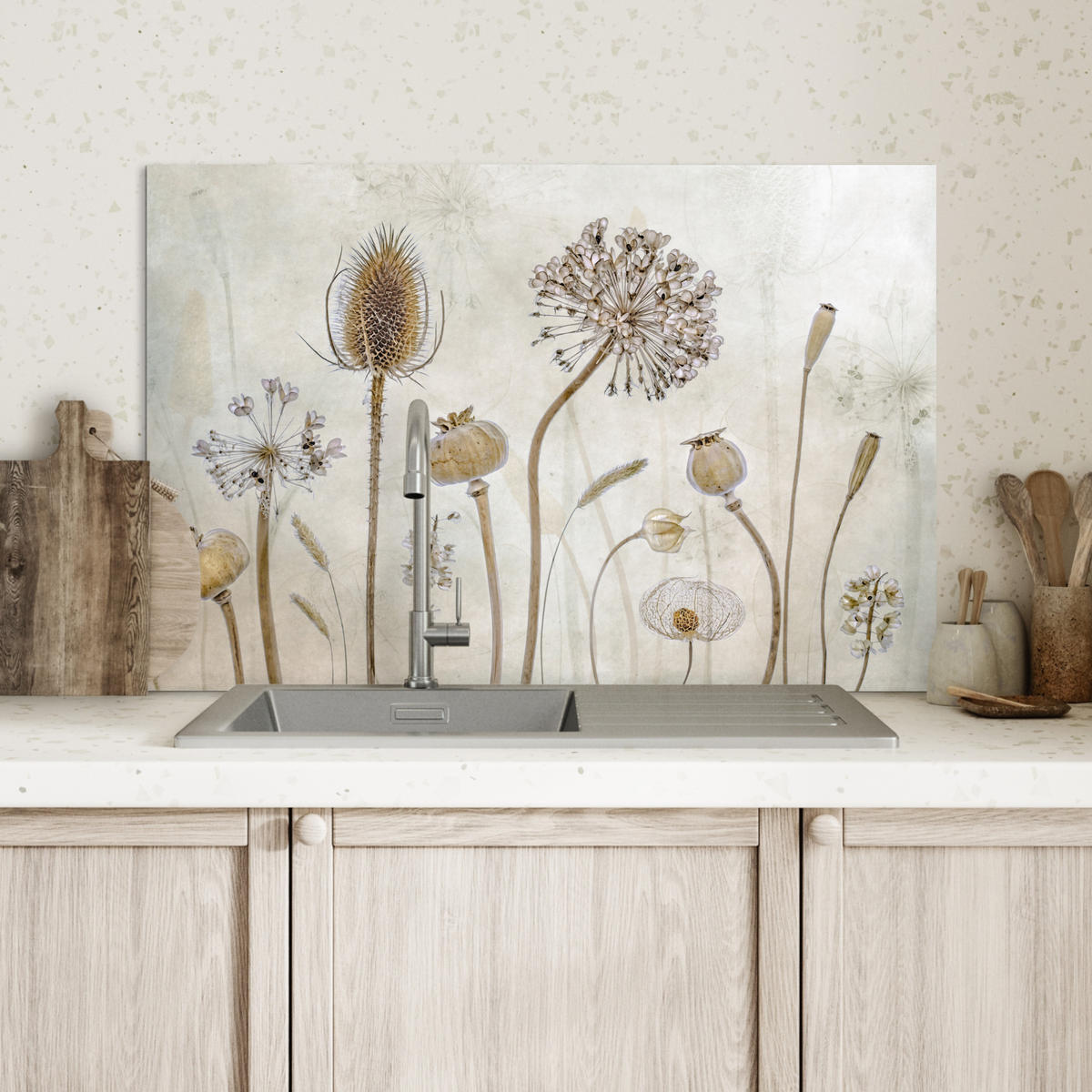 SPRITZSCHUTZ KÜCHE Blumen - Aquarell - Stilleben - Braun - Vintage 70x50 cm - Sandfarben, Metall (70/0.3/50cm) - MuchoWow