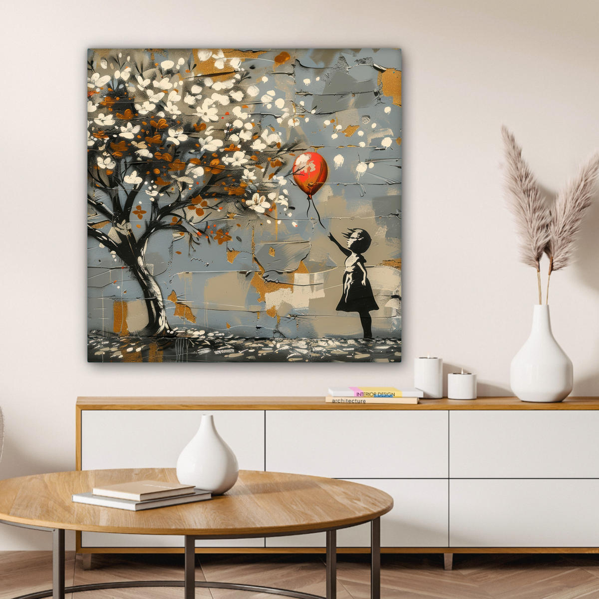 LEINWANDBILD Baum - Graffiti - Banksy-Stil - Ballon-Mädchen 90x90 cm - Blaugrau, Textil (90/90cm) - MuchoWow