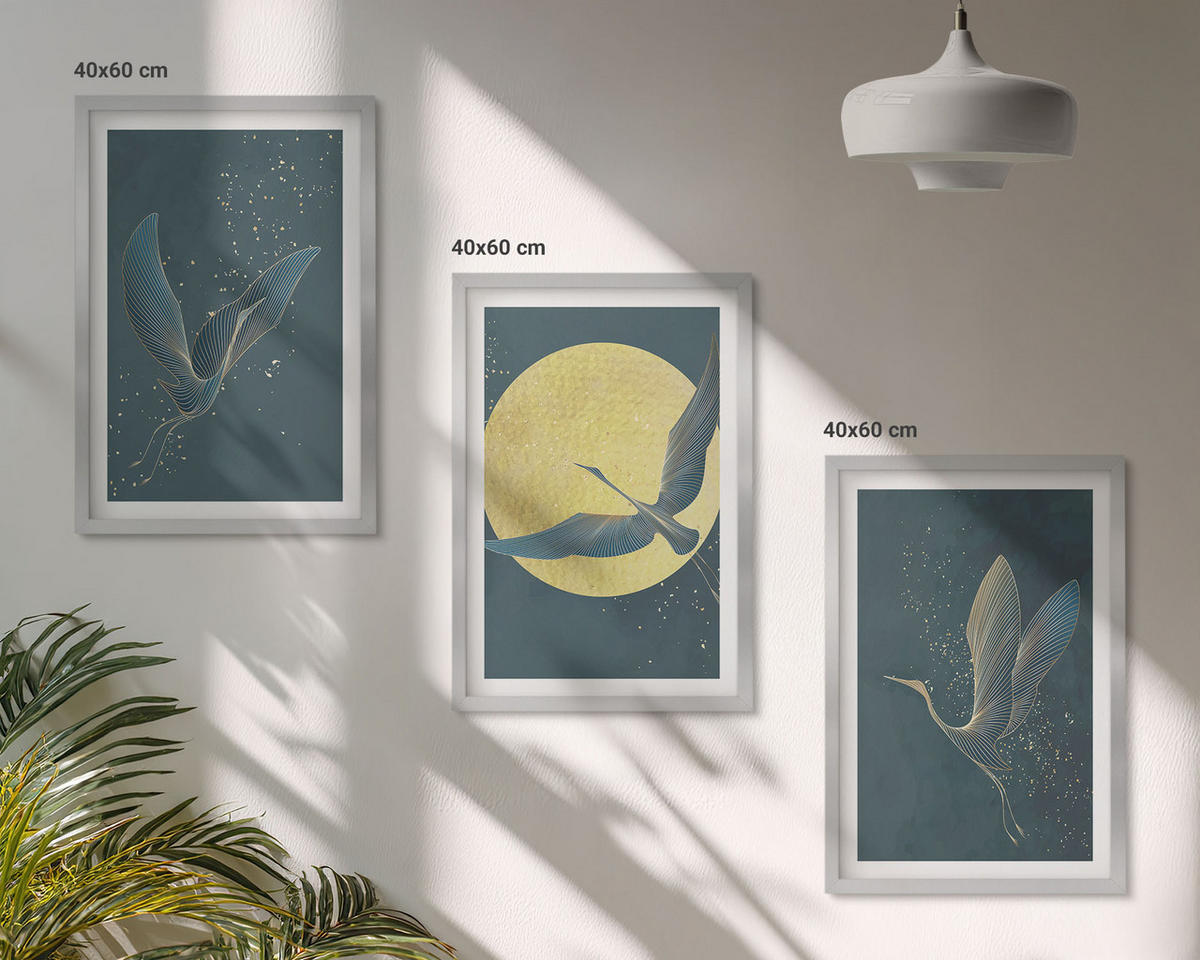 BILDER SET 3er Set - 40x60 cm Silberner Rahmen - Kraniche im Flug bei Nacht - Silberfarben, Kunststoff (40/60cm) - TULUP