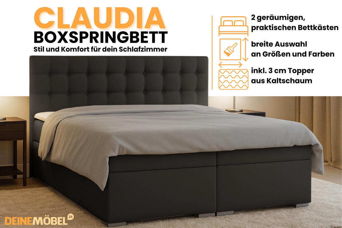 BOXBETT CLAUDIA 180/200 Velour Anthrazit mit Bonell-Federkernmatratzen H3 - Anthrazit, Holzwerkstoff (180/200cm) - Deine Möbel 24