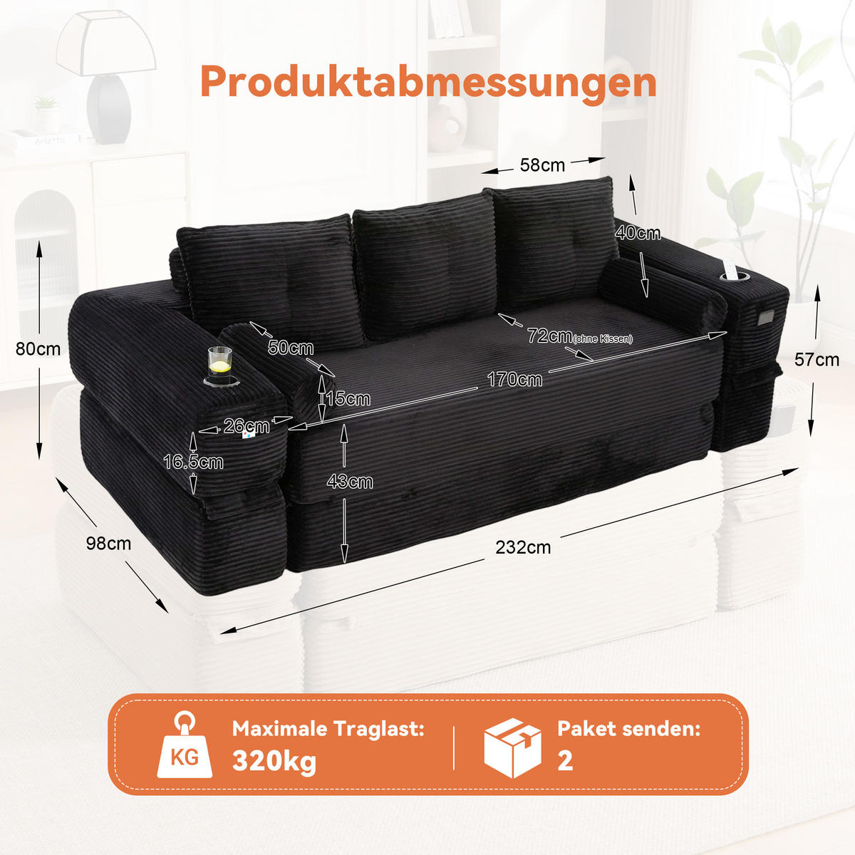 SCHLAFSOFA, 2-in-1 Klappsofa mit Getränkehalter, Modulares Bodensofa Cordstoff, Schwarz - Schwarz, Textil (232/80/98cm) - LVHOM