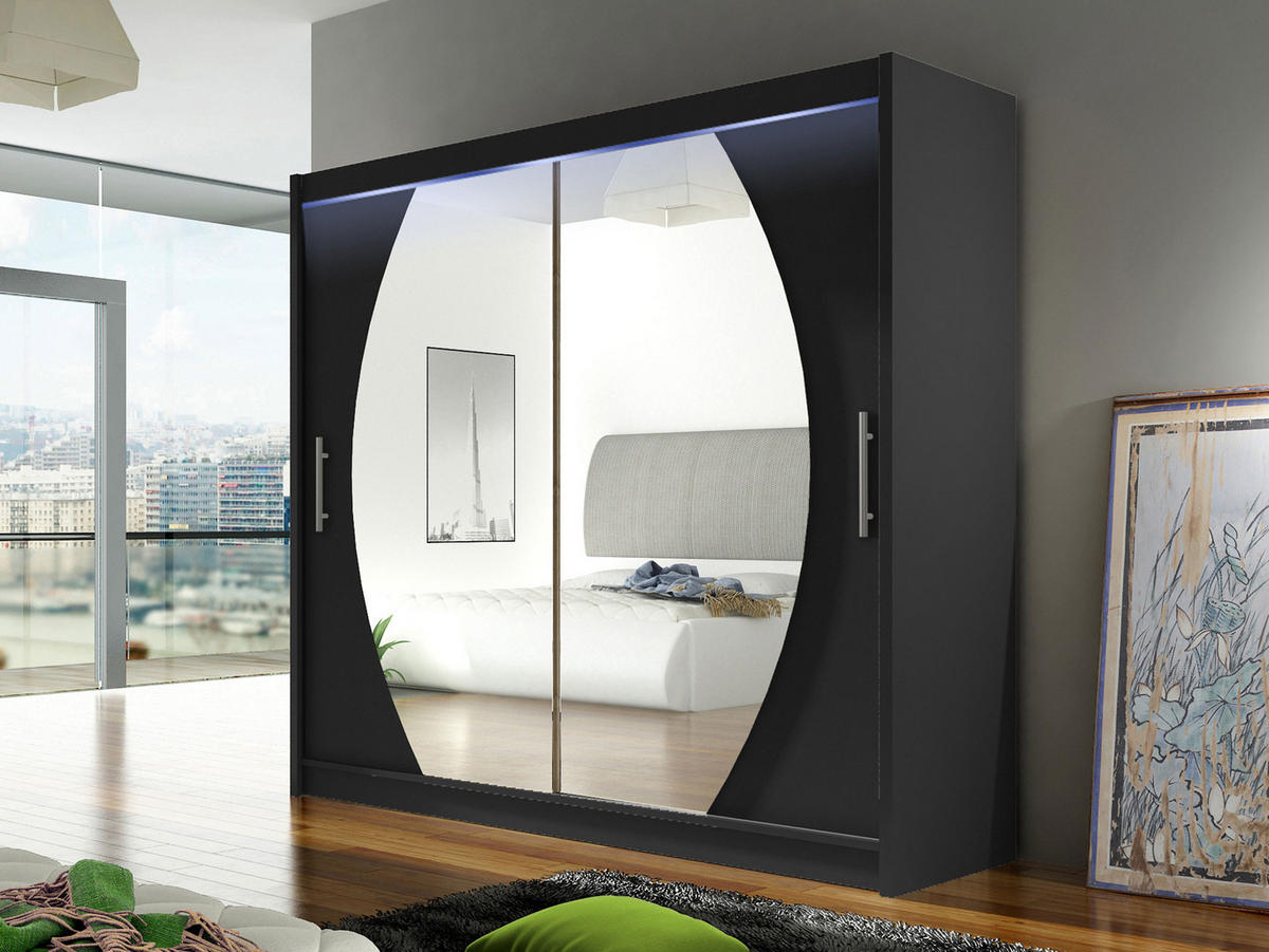 KLEIDERSCHRANK London IV, mit RGB LED Beleuchtung - Silberfarben/Schwarz, Holzwerkstoff/Kunststoff (180/215/58cm) - MIRJAN24