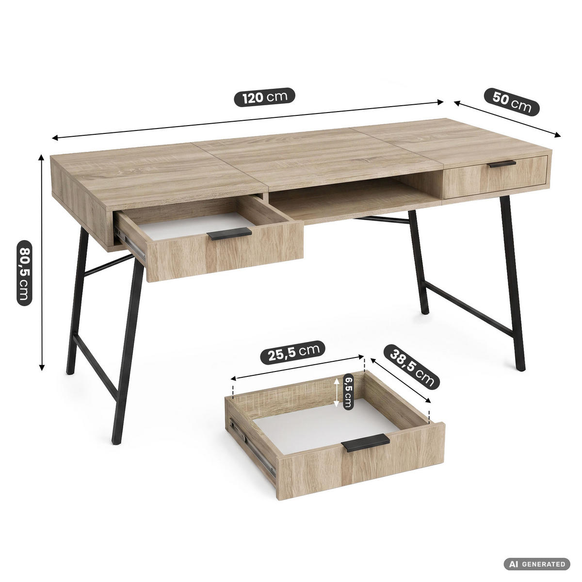 SCHREIBTISCH ARDEN 120 cm Sonoma Eiche - Schwarz/Sonoma Eiche, Holzwerkstoff (120/50/80.5cm) - Akord