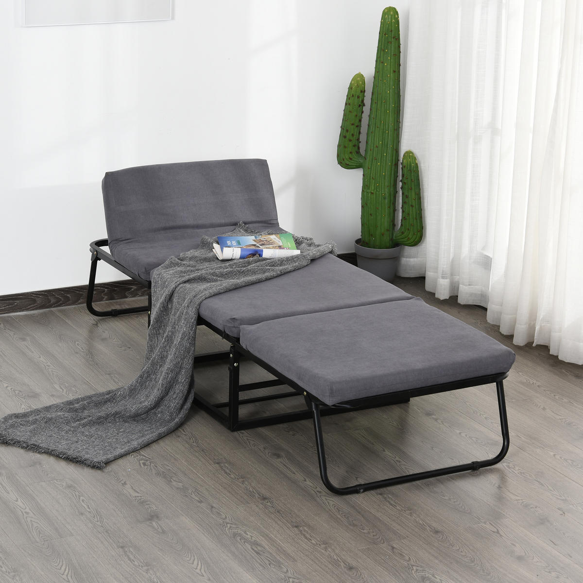GÄSTEBETT klappbar 2-in-1 Klappbett Hocker Verstellbare Kopfteilhöhe Stahl Grau - Grau, Kunststoff - HOMCOM