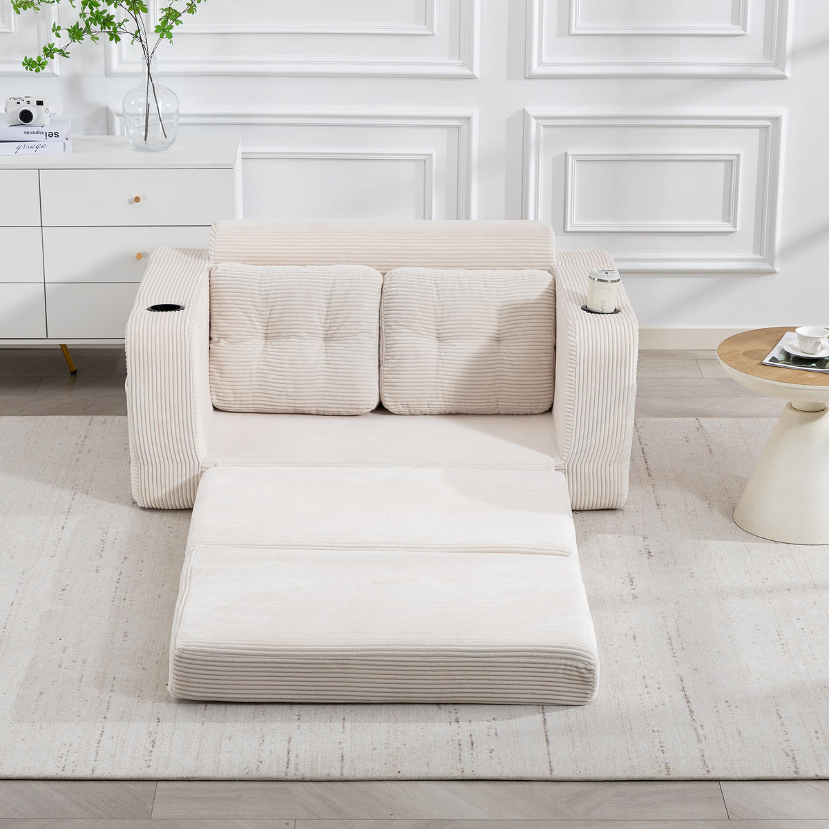 SCHLAFSOFA in Beige Cord mit Getränkehalter und Seitentaschen - Beige, Textil (136/82.5/80cm) - Oxeza