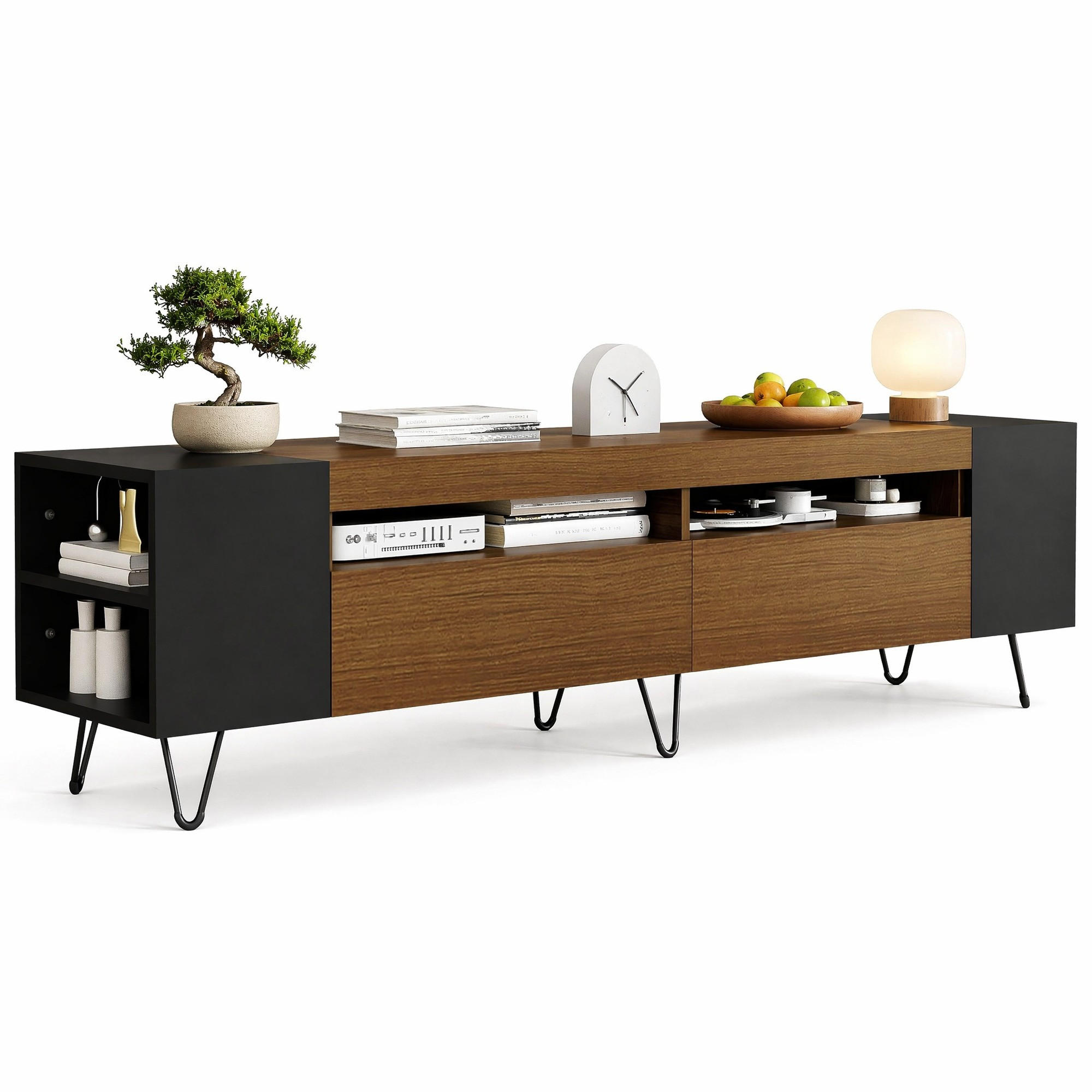 LOWBOARD in Schwarz und Naturfarben TV-Schrank mit offenen Fächern für Wohnzimmer, B180/T36/H43 cm - Schwarz/Naturfarben, Holzwerkstoff/Metall (180/43/36cm) - STILVORA
