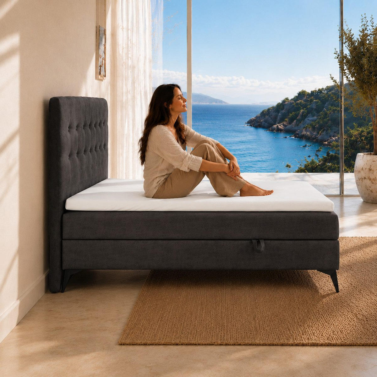 BOXBETT K15 Single SLIM mit Bettkasten & Bonell-Federkern inkl. Topper - Dunkelgrau, Holz/Textil (200/90cm) - Best For Home