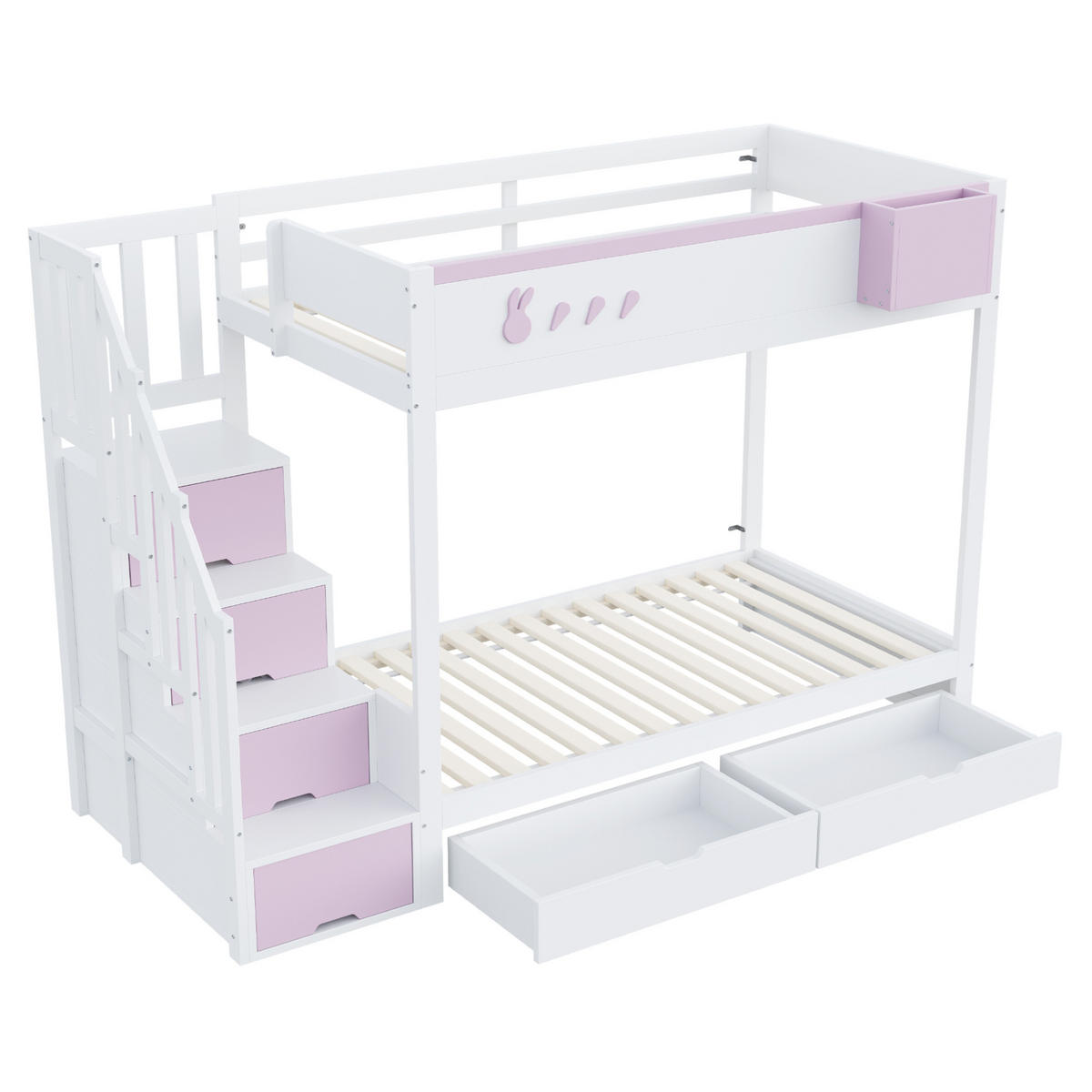 ETAGENBETT 90/200 cm mit Stauraumleiter, Schubladen und abnehmbarem Ablagefach, Weiß/Rosa - Weiß, Holzwerkstoff (90/200cm) - Redom
