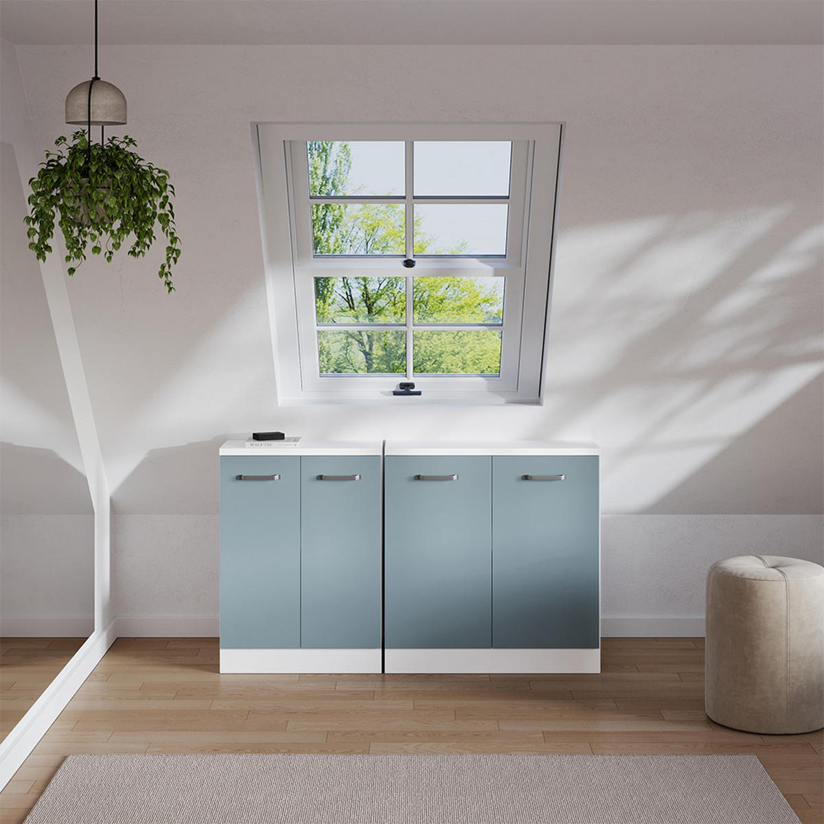 KOMPLET OMAR S POŠEVNO STREHO Rion Modro-siva 140 cm Komplet 2 korpusov omare globina 60 cm - bela/modrosiva, leseni material (140/83.8/60cm) - Vicco