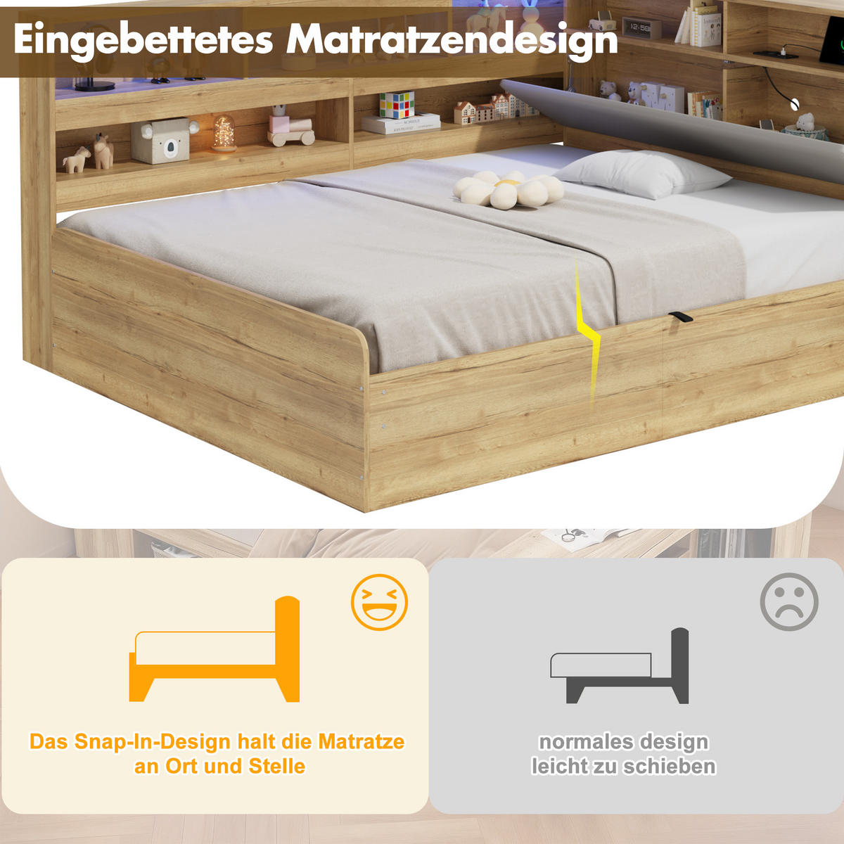 DAYBETT Natur 140x200 LED USB Hydraulik Stauraum Holz - Naturfarben, Holzwerkstoff (140/200cm) - FLIEKS