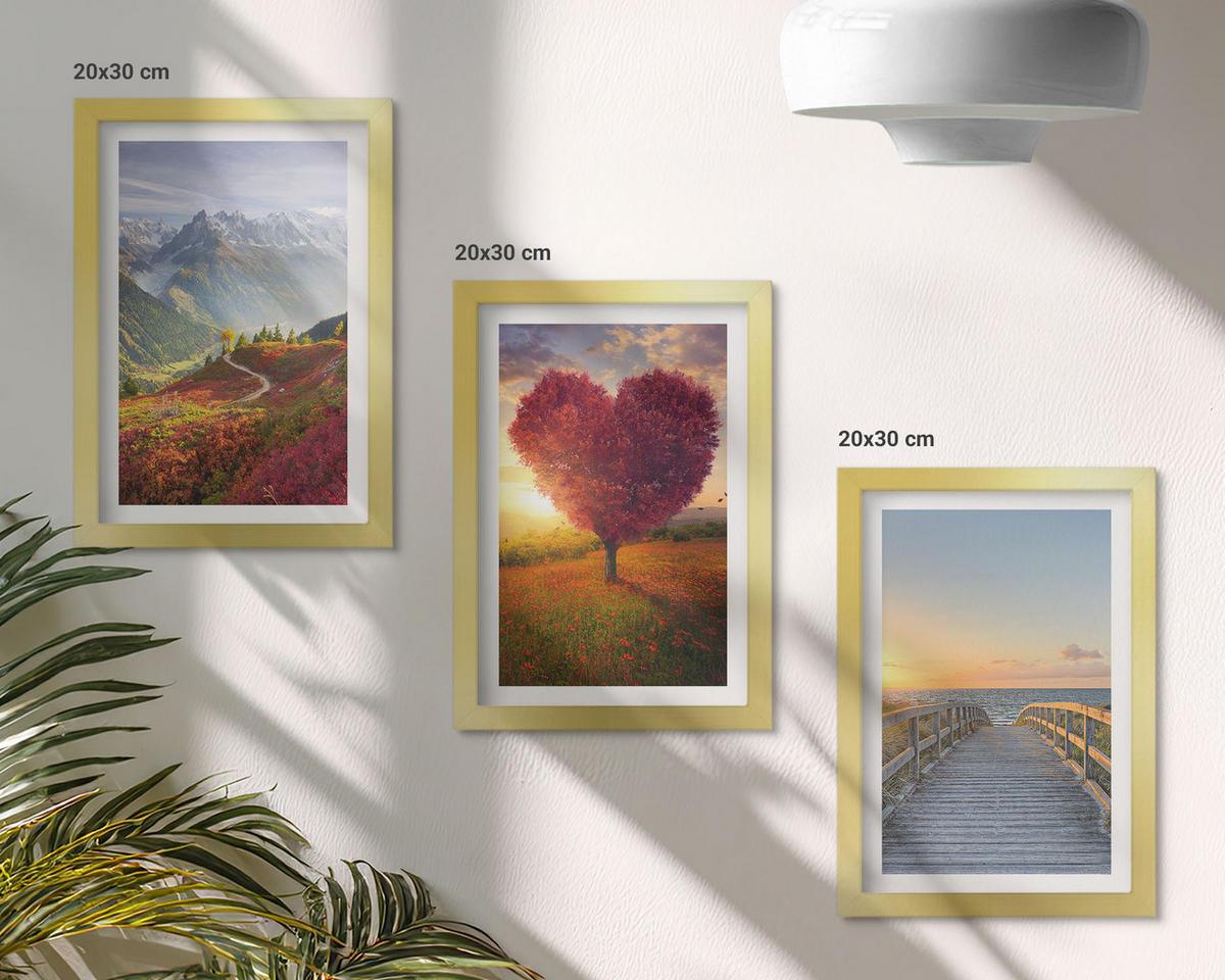 WANDBILDER 3er Set - 20x30 cm Goldrahmen - Landschaften Berge Baum Herz Pier - Goldfarben, Kunststoff (20/30cm) - ArtPrintCave
