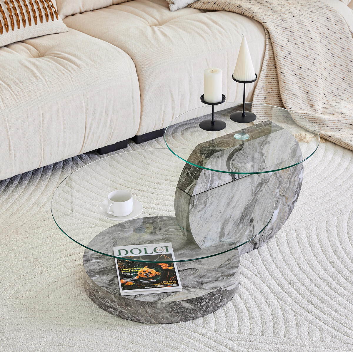 COUCHTISCH 70 cm aus Glas mit 2 Ebenen in grauer Marmoroptik - Transparent, Holzwerkstoff (90/70/44cm) - Flora Grace