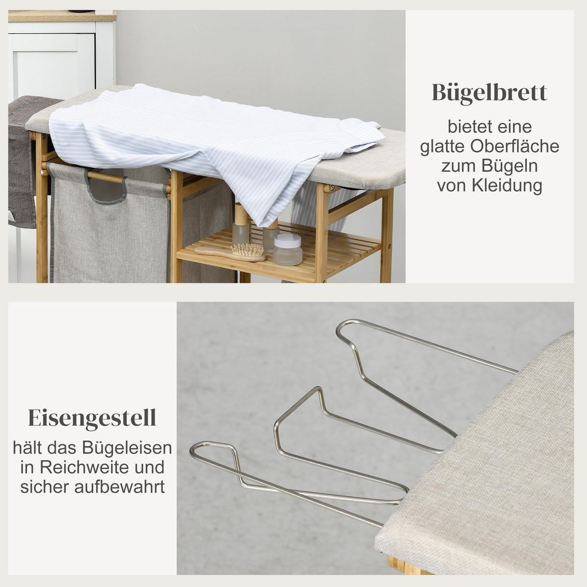 WÄSCHEKORB, 57,4 L Wäschesammler mit Bügelbrett und Bügeleisen, Bambus, Natur - Multicolor, Kunststoff (34/82/113cm) - HOMCOM