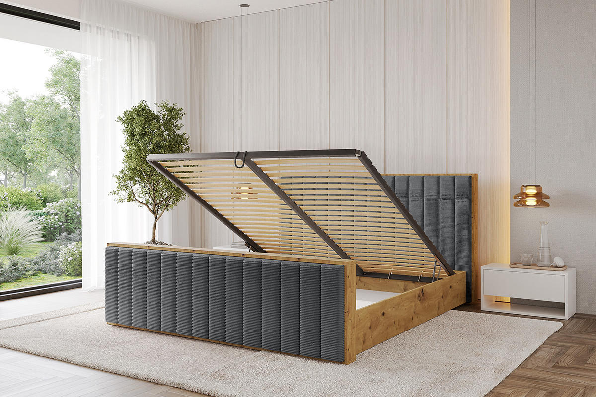 POLSTERBETT mit Bettkasten, Fußteil und Lattenrost, Boxbett ohne Matratze - ENZO4-Z 140x200 Dunkelgrau - Anthrazit, Holzwerkstoff/Textil (140/200cm) - ALTDECOR