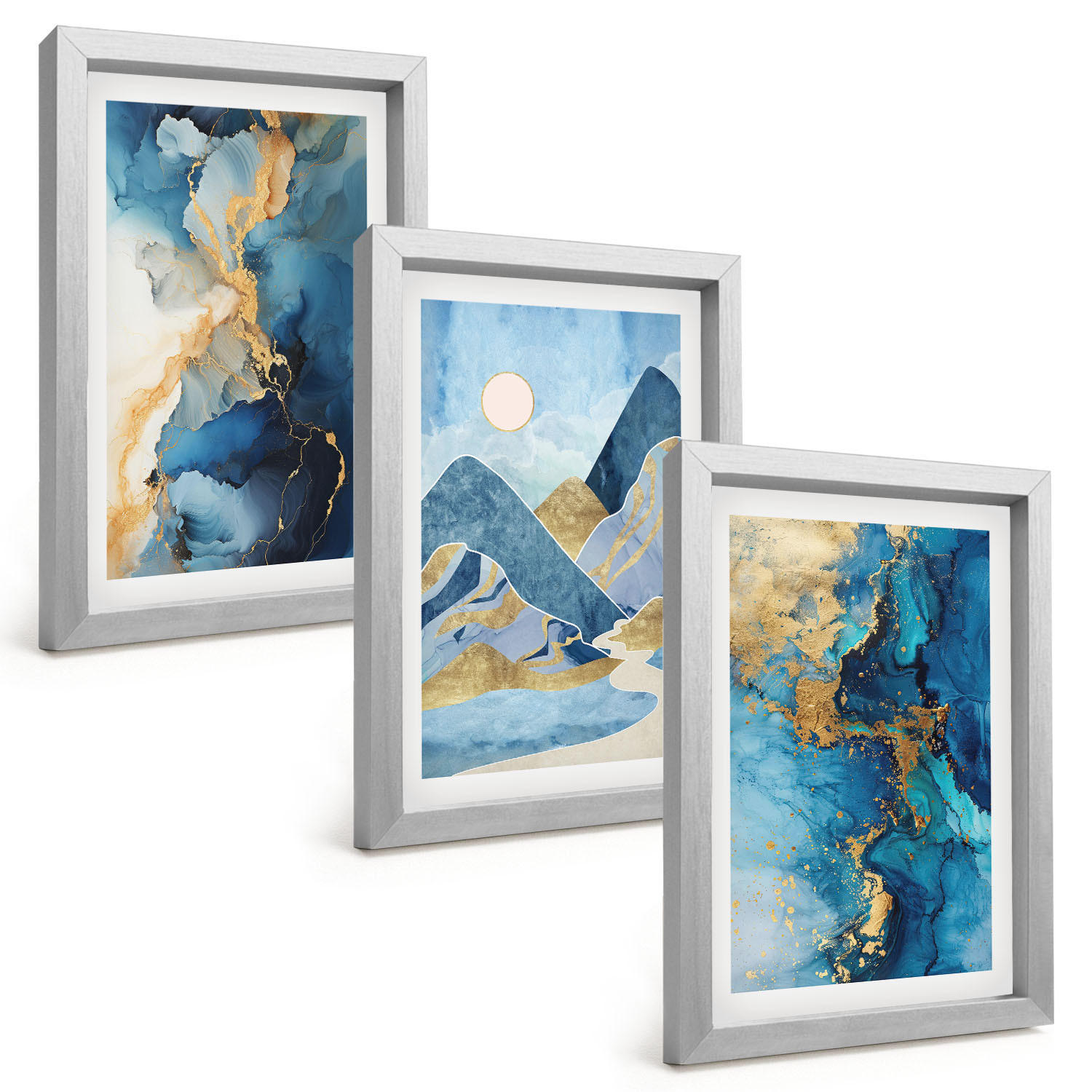 BILDER SET 3er Set - 20x30 cm Silberner Rahmen - Abstrakte Muster der Blue Mountains - Silberfarben, Kunststoff (20/30cm) - TULUP