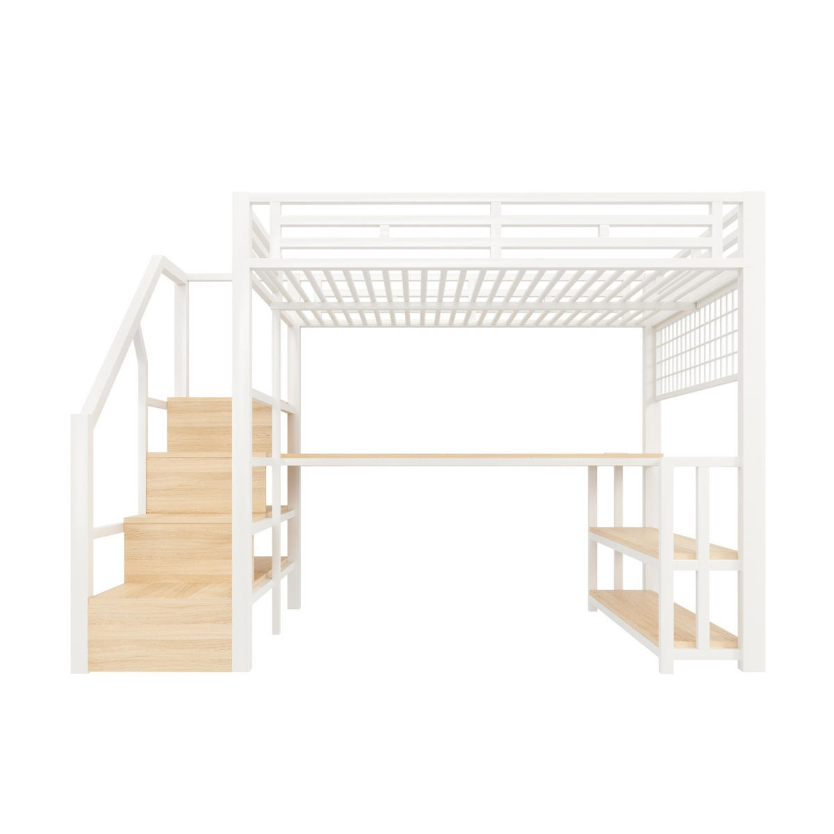 HOCHBETT 140/200 cm mit Schreibtisch, LED-Lichtleiste, USB und Stauraumtreppe aus Metall/MDF, Weiß - Weiß, Metall (140/200cm) - Redom