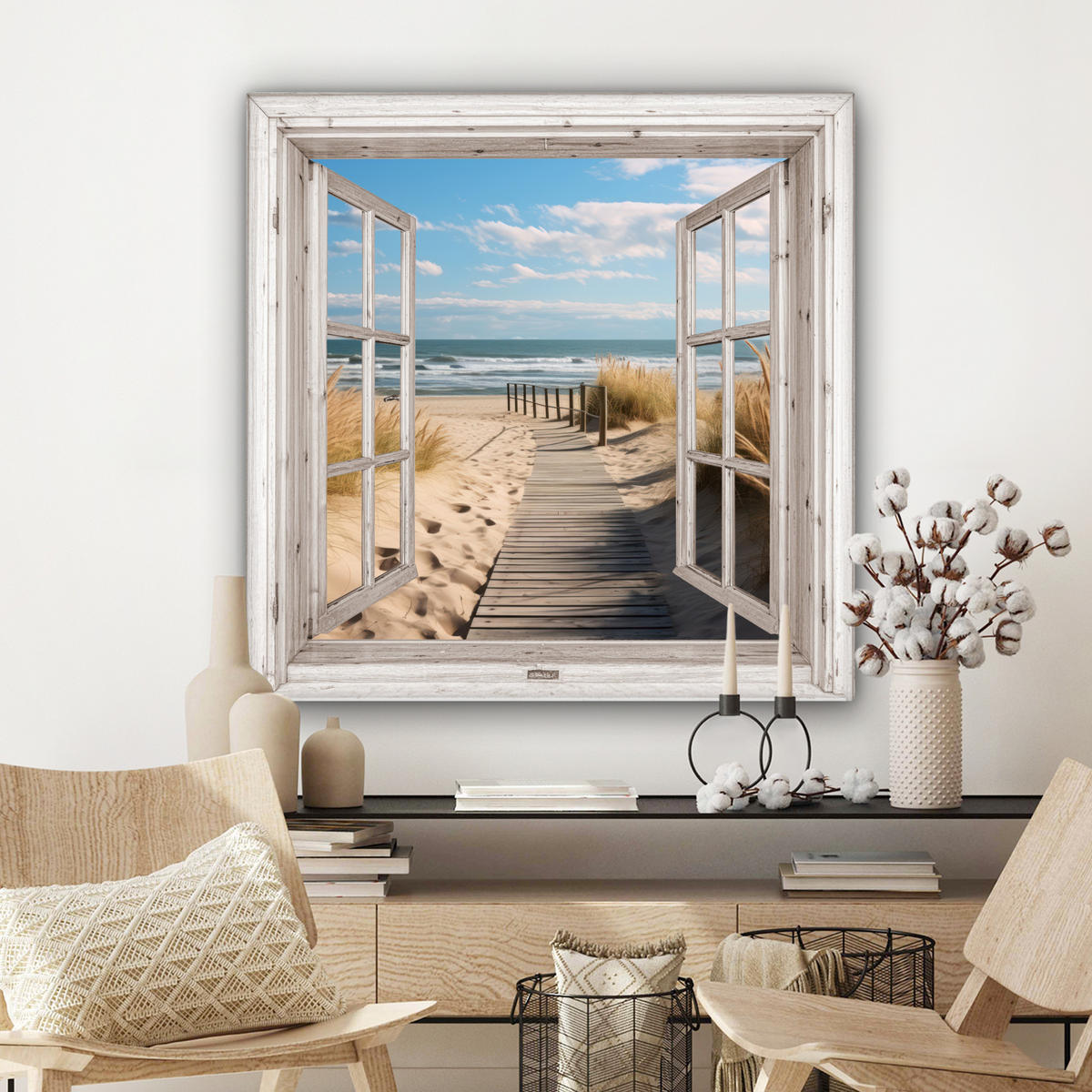 LEINWANDBILD Fenster - Meer - Küste - Natur - Ausblick - Strand - Wattenmeer 90x90 cm - Beige, Textil (90/90cm) - MuchoWow