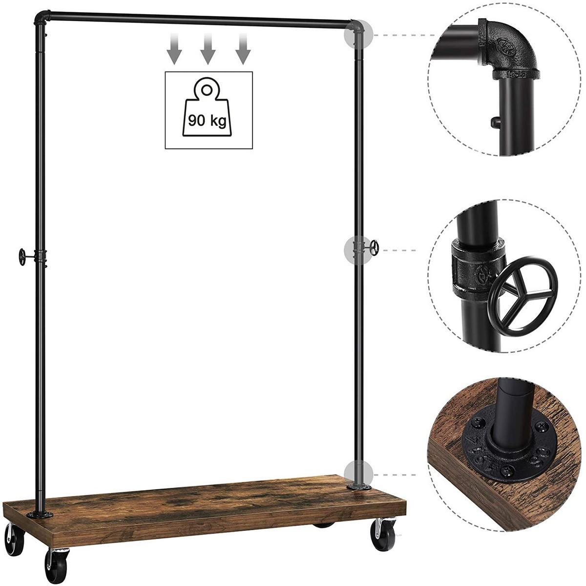 GARDEROBENSTÄNDER Rustikal Braun 103,5x40 cm HSR65BX Mit Rollen - Schwarz, Metall (103.5/162/40cm) - Edanti