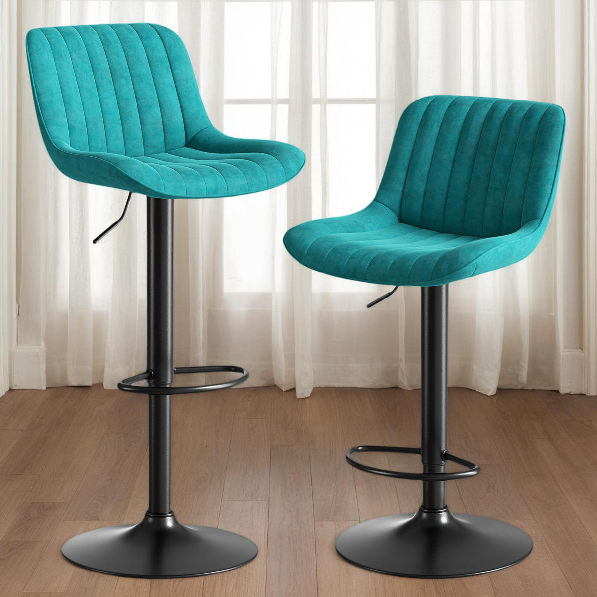 BARHOCKER 2er-Set Blau mit Samtbezug drehbar und höhenverstellbar - Blau, Metall (47/87/46cm) - PANGIVO