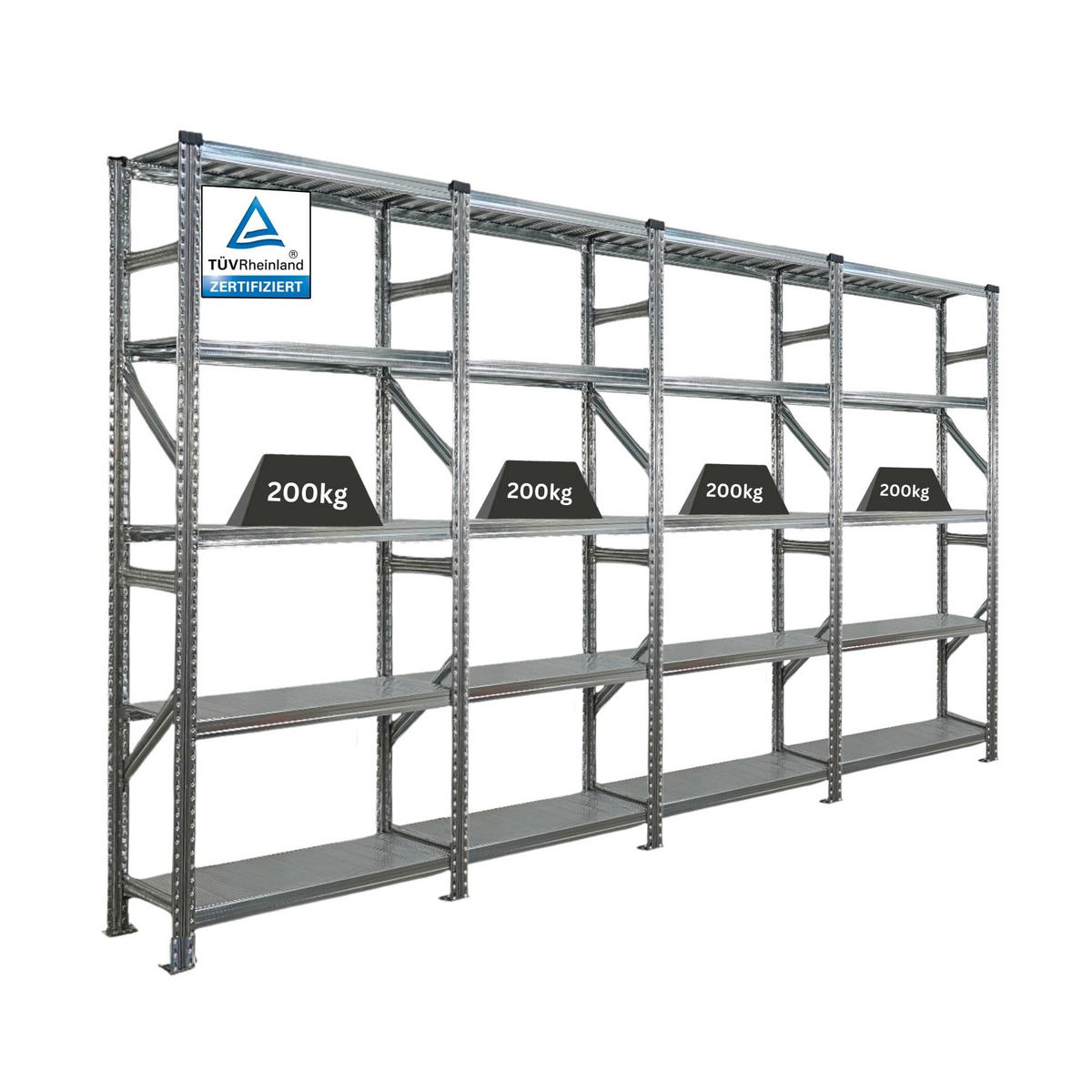 FACHBODENREGAL Proximo Stecksystem 200x360x40cm 5 Ebenen Fachlast 200 kg Beidseitig nutzbar Verzinkt - Silberfarben, Metall (360/200/40cm) - PROREGAL