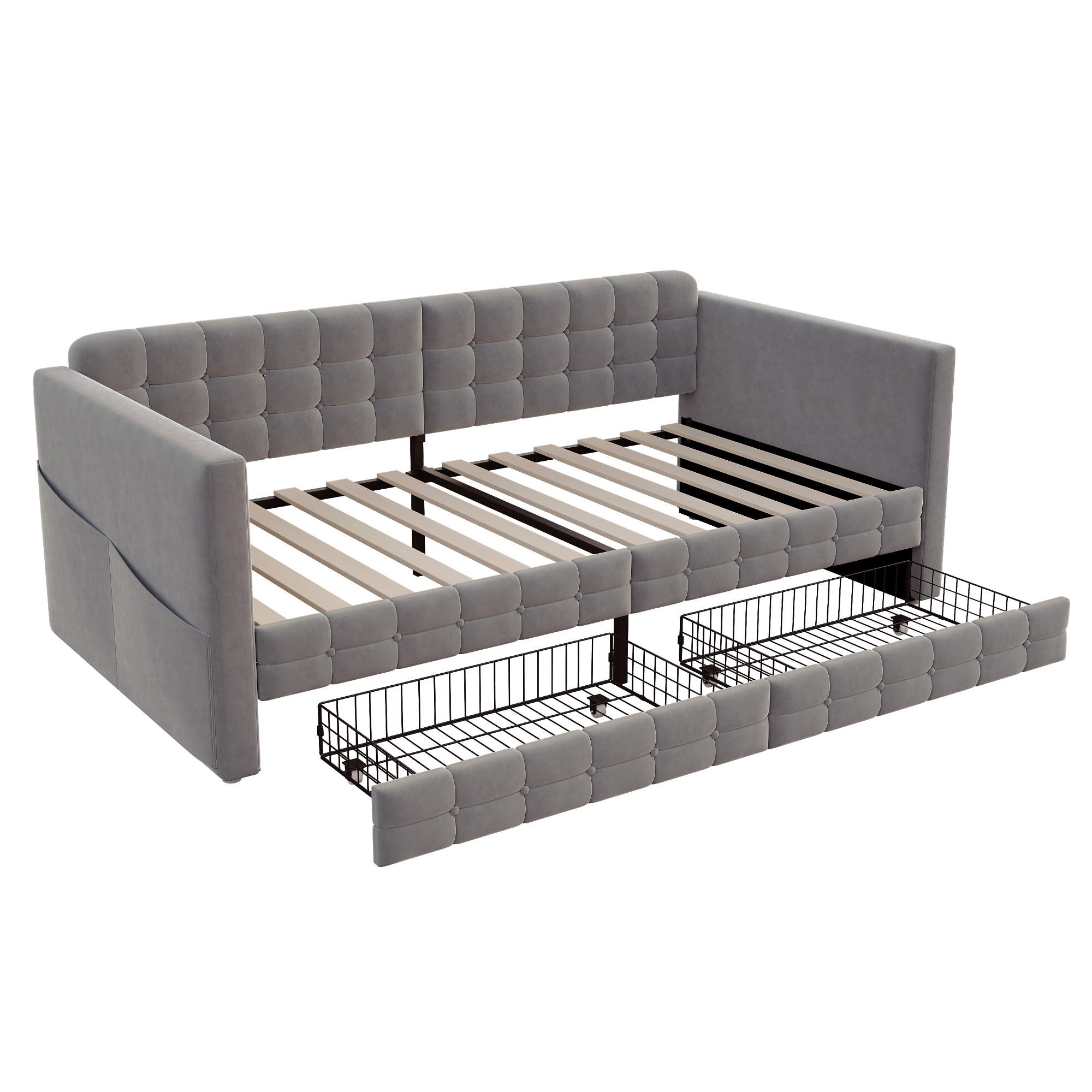 KINDERBETT 90/190 cm DE-02124, in Grau, mit Sofafunktion, Karomuster und 2 Schubladen - Grau, Metall (90/190cm) - ComfortXL