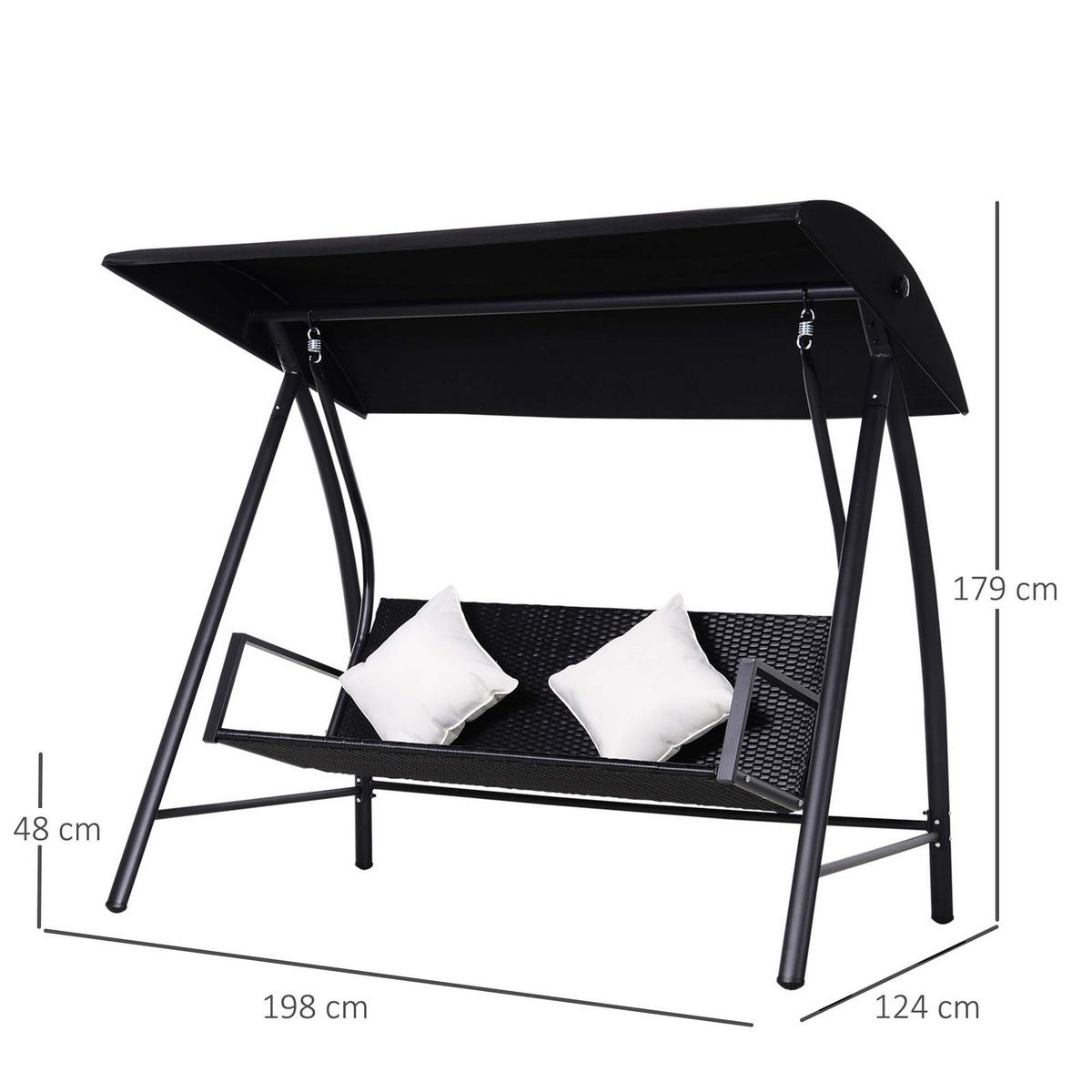 HOLLYWOODSCHAUKEL, Polyrattan, Metall, mit Kissen, belastbar bis 360kg, Schwarz - Schwarz, Metall (124/179/198cm) - Outsunny